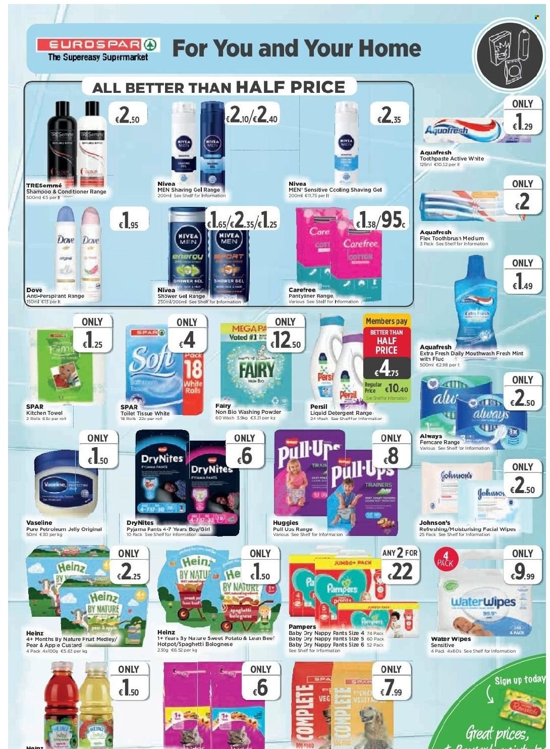 thumbnail - EUROSPAR offer  - 30.09.2021 - 20.10.2021 - Sales products - spaghetti, custard, oats, Heinz, L'Or, beef meat, wipes, Huggies, Pampers, pants, nappies, DryNites, Johnson's, Nivea, petroleum jelly, Dove, toilet paper, kitchen towels, detergent, Fairy, Persil, liquid detergent, laundry powder, shampoo, shower gel, Vaseline, toothpaste, mouthwash, Carefree, conditioner, TRESemmé, anti-perspirant, Hama. Page 7.