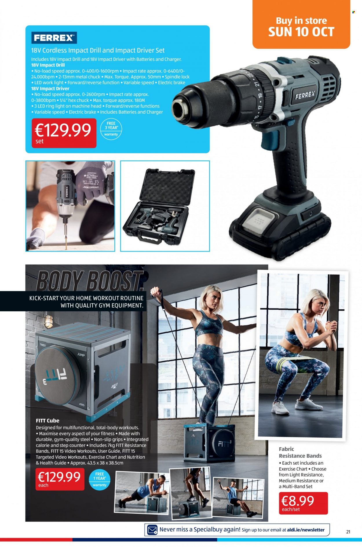 thumbnail - Aldi offer  - 07.10.2021 - 13.10.2021 - Sales products - Boost, gym equipment, drill, impact driver. Page 21.