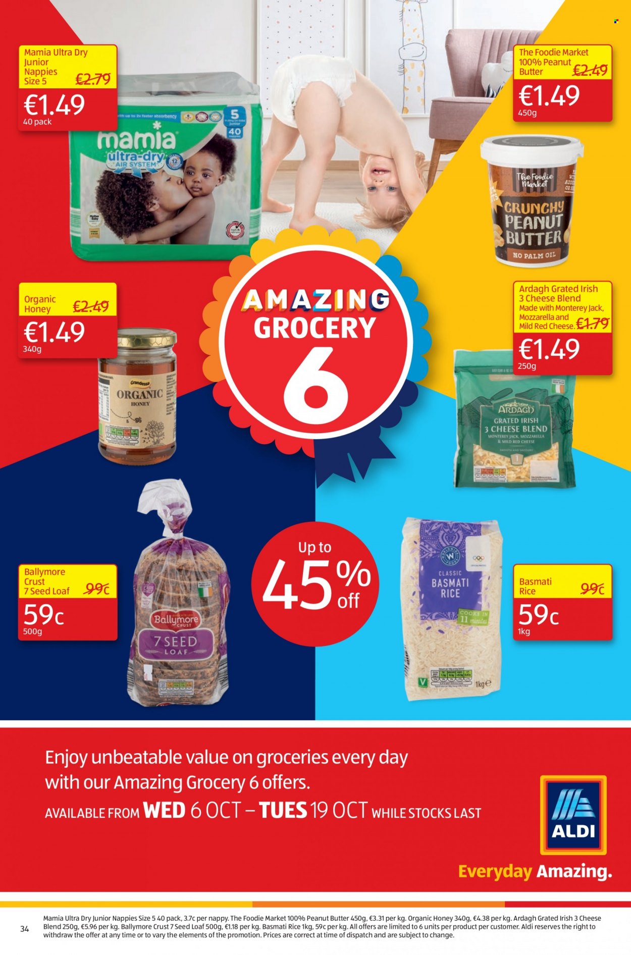 thumbnail - Aldi offer  - 07.10.2021 - 13.10.2021 - Sales products - Monterey Jack cheese, mozzarella, cheese, basmati rice, rice, honey, peanut butter, nappies, plant seeds. Page 34.