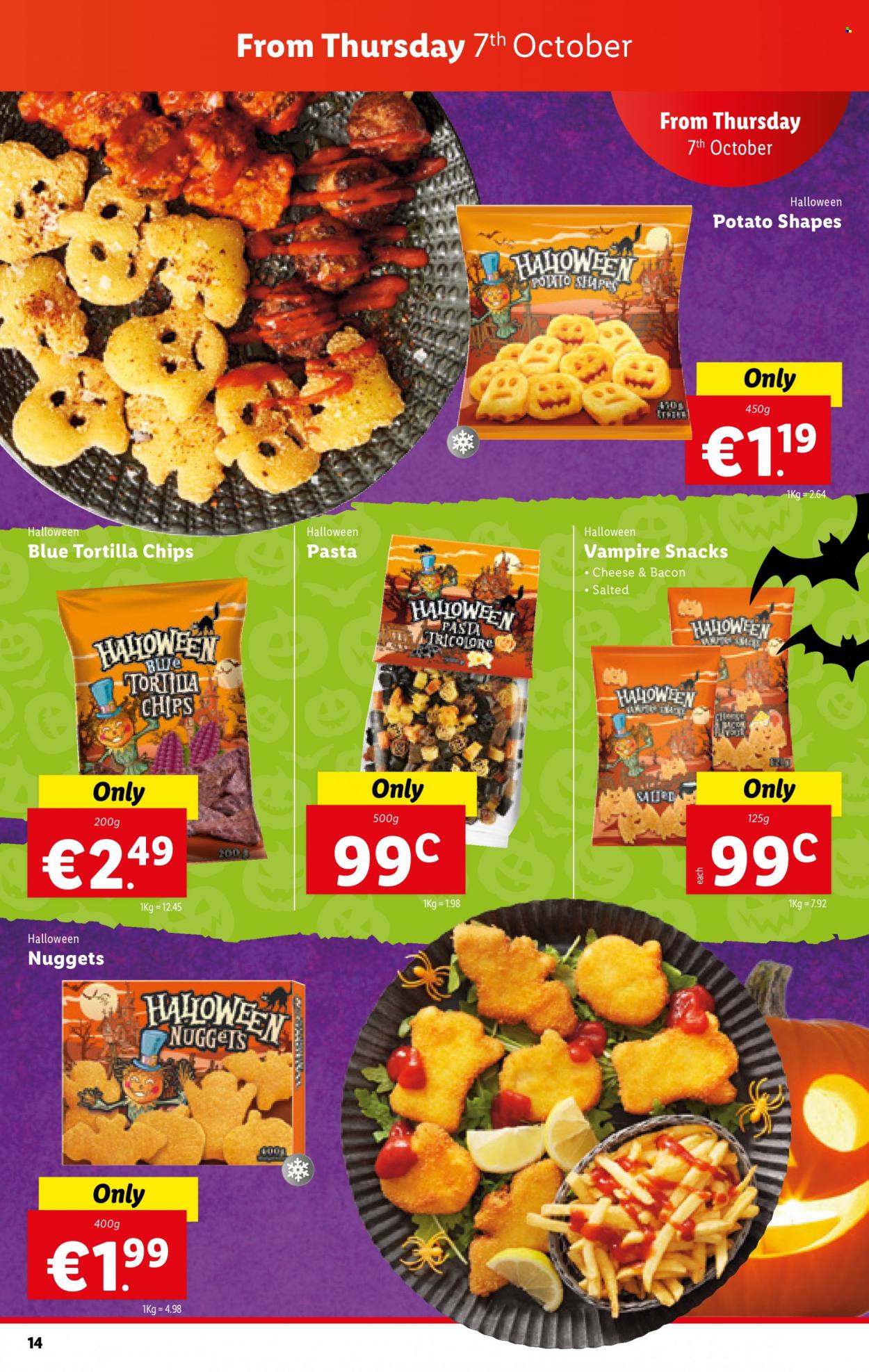 thumbnail - Lidl offer  - 07.10.2021 - 13.10.2021 - Sales products - nuggets, pasta, bacon, snack, tortilla chips, chips. Page 14.