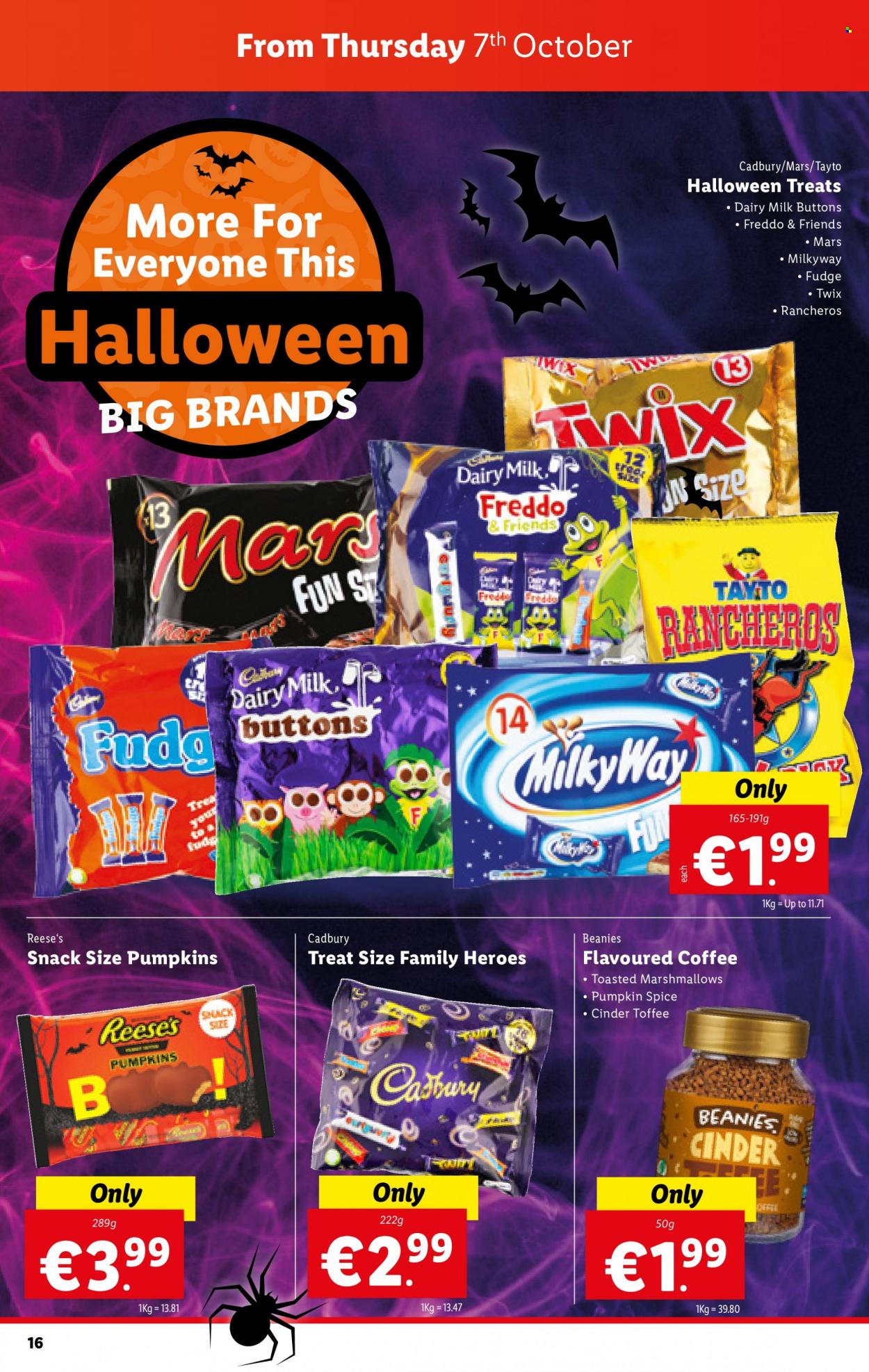 thumbnail - Lidl offer  - 07.10.2021 - 13.10.2021 - Sales products - Reese's, fudge, marshmallows, snack, Twix, Mars, toffee, Cadbury, Dairy Milk, Tayto, spice, coffee, beanie. Page 16.