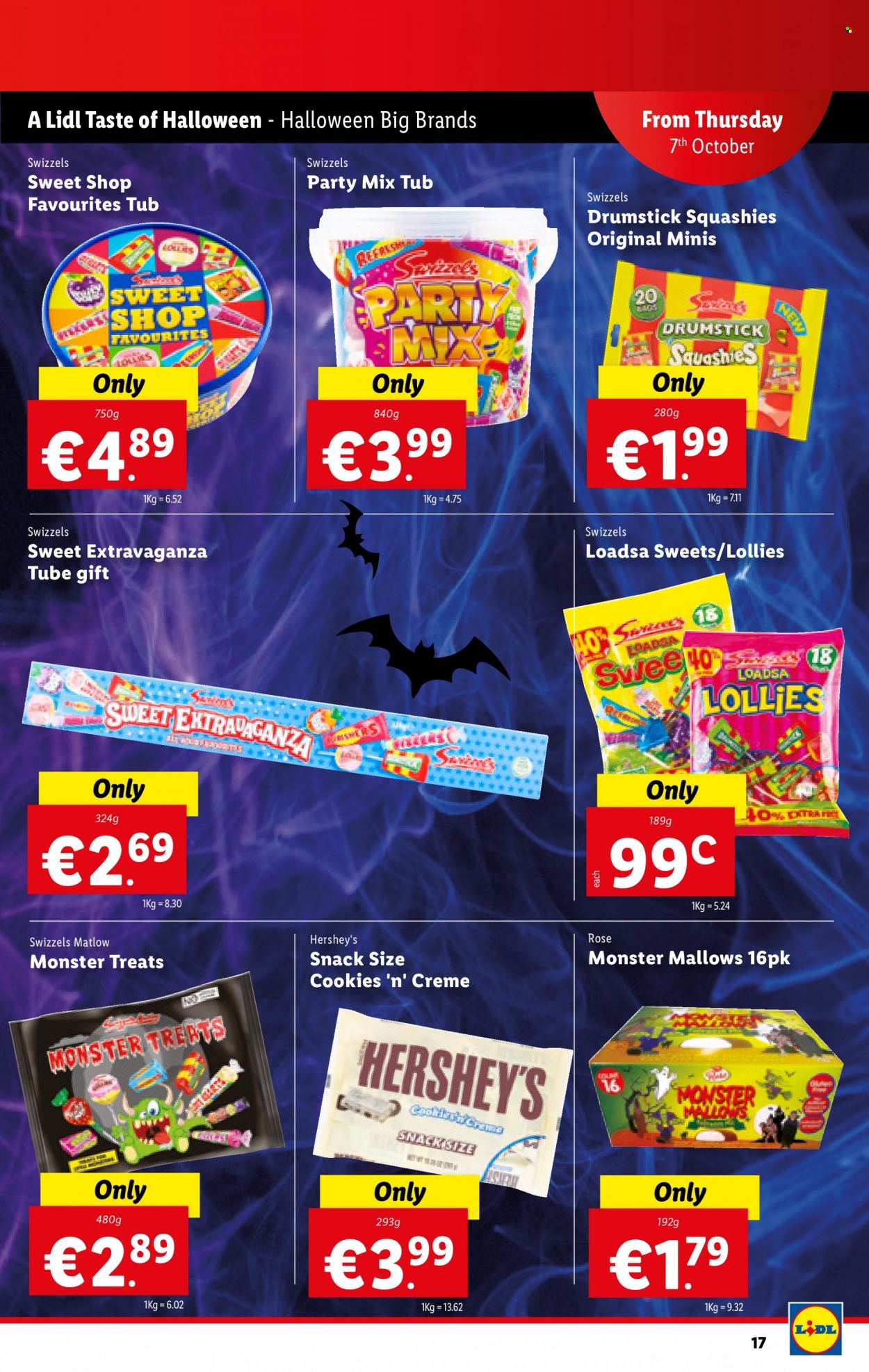 thumbnail - Lidl offer  - 07.10.2021 - 13.10.2021 - Sales products - Hershey's, cookies, marshmallows, snack, Swizzels, Monster, wine, rosé wine, rose. Page 17.