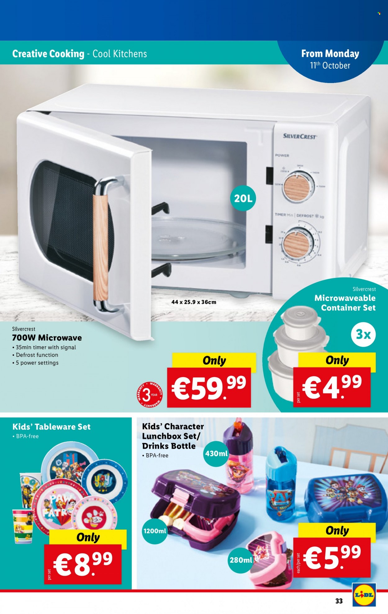 thumbnail - Lidl offer  - 07.10.2021 - 13.10.2021 - Sales products - SilverCrest, Signal, tableware, drink bottle, container, storage container set, meal box, microwave. Page 33.