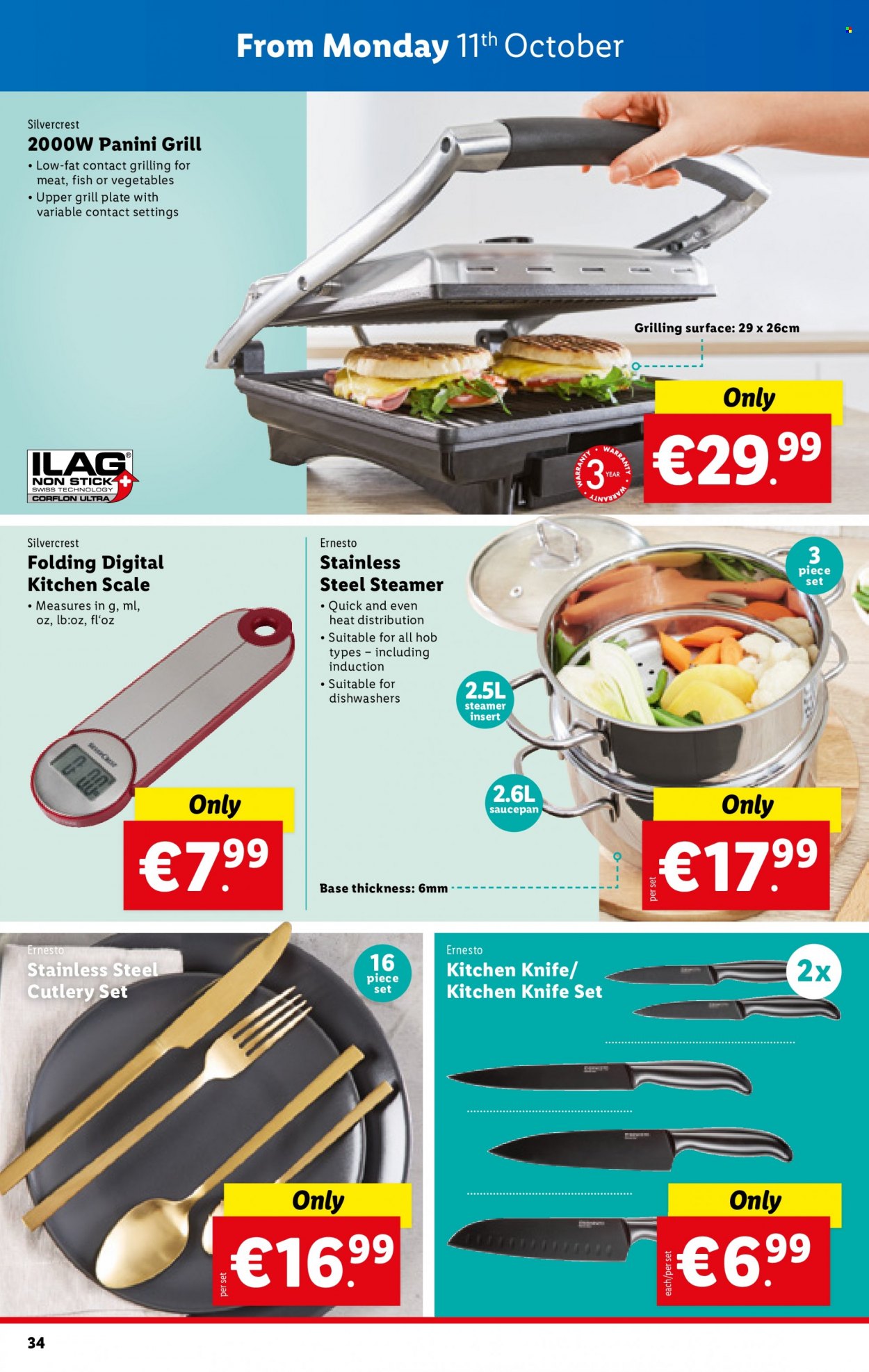 thumbnail - Lidl offer  - 07.10.2021 - 13.10.2021 - Sales products - scale, SilverCrest, panini, fish, Ernesto, knife, plate, cutlery set, saucepan, kitchen scale. Page 34.