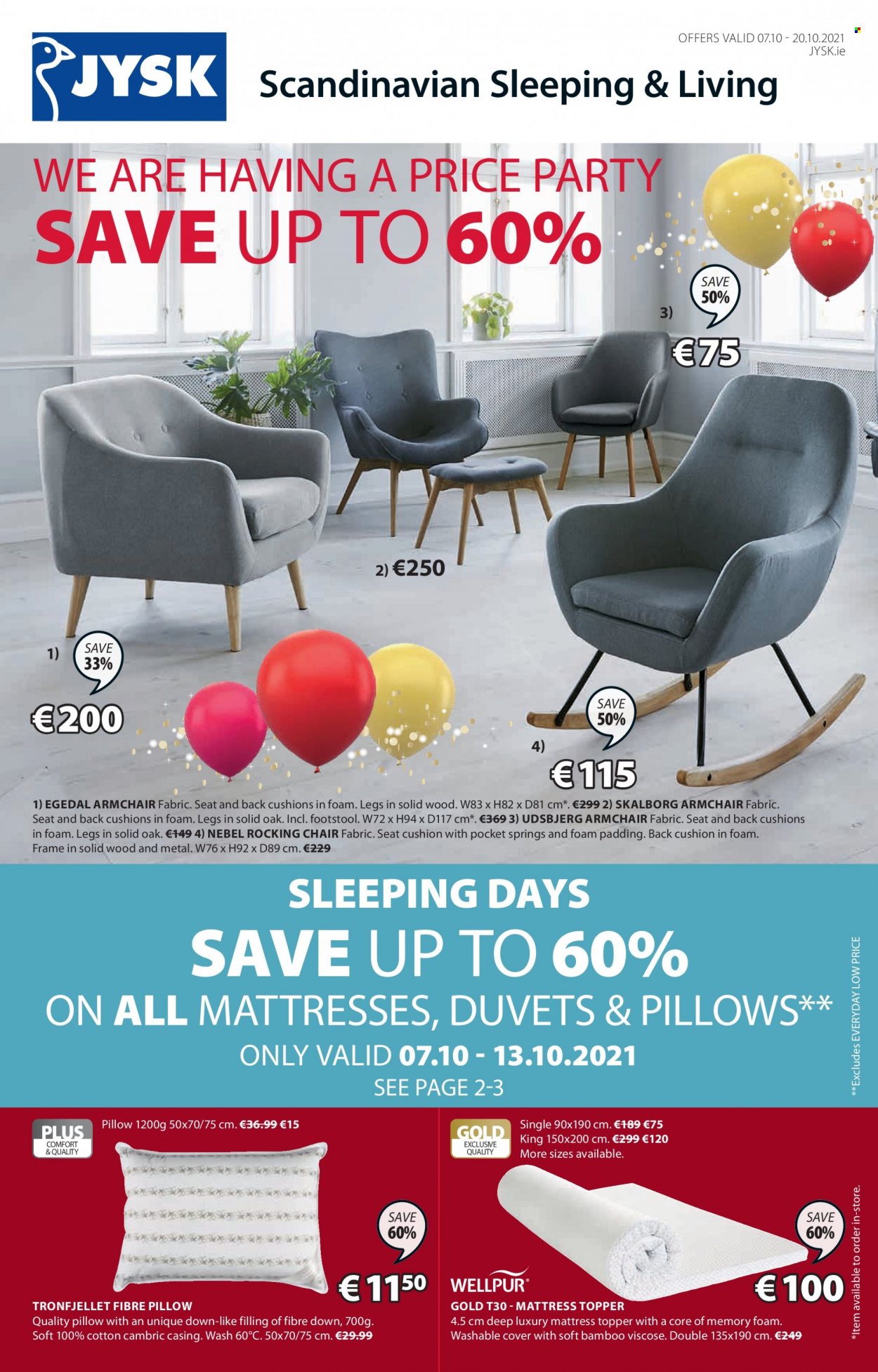 thumbnail - JYSK offer  - 07.10.2021 - 20.10.2021 - Sales products - chair, arm chair, rocking chair, mattress protector, cushion, duvet, topper, pillow. Page 1.