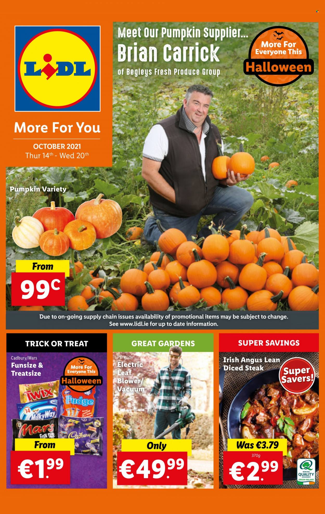 thumbnail - Lidl offer  - 14.10.2021 - 20.10.2021 - Sales products - Halloween, pumpkin, Twix, Mars, Cadbury, steak, leaf blower, Parkside, blower. Page 1.