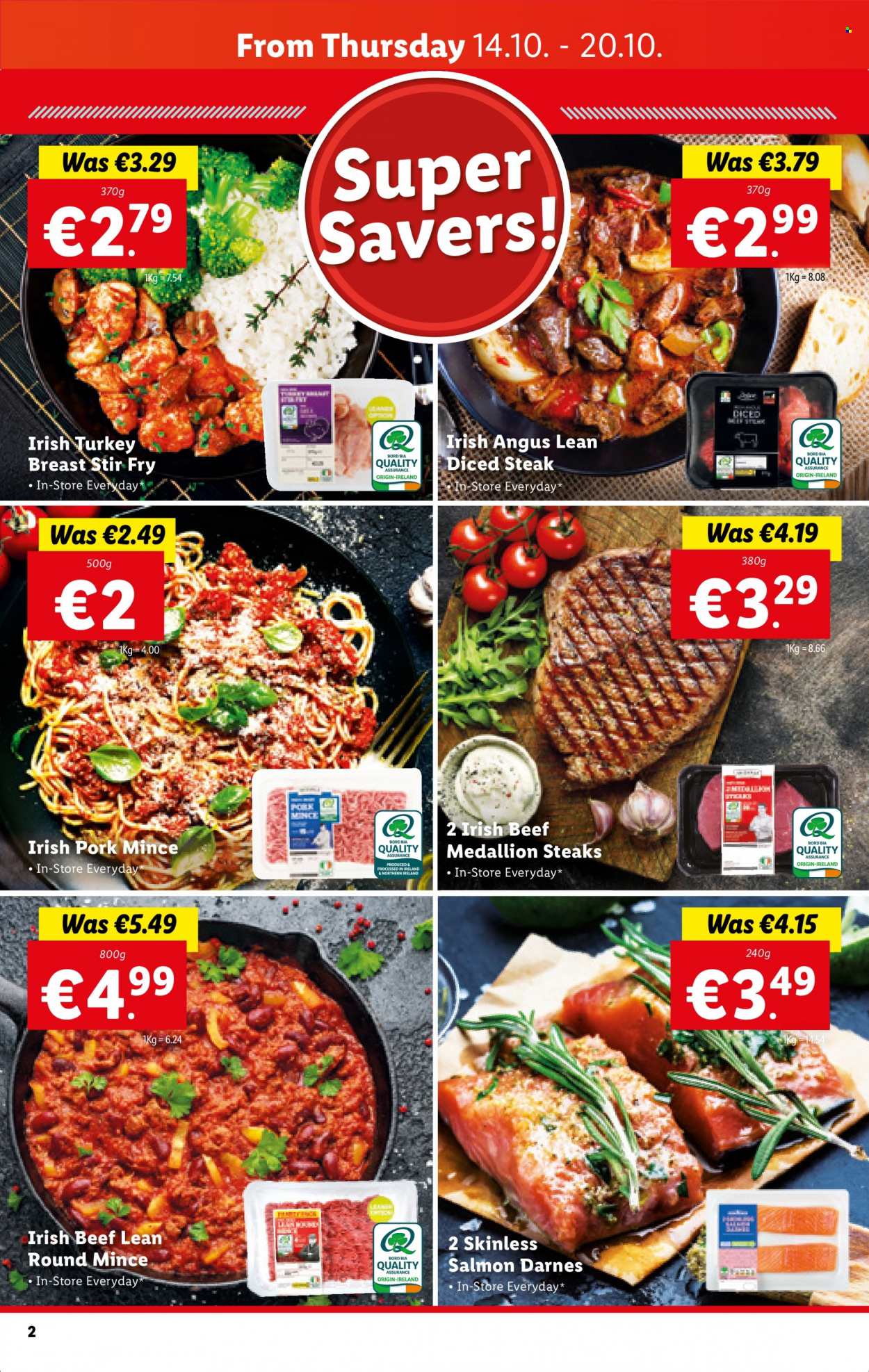 thumbnail - Lidl offer  - 14.10.2021 - 20.10.2021 - Sales products - salmon, turkey breast, steak, ground pork, pork meat. Page 2.