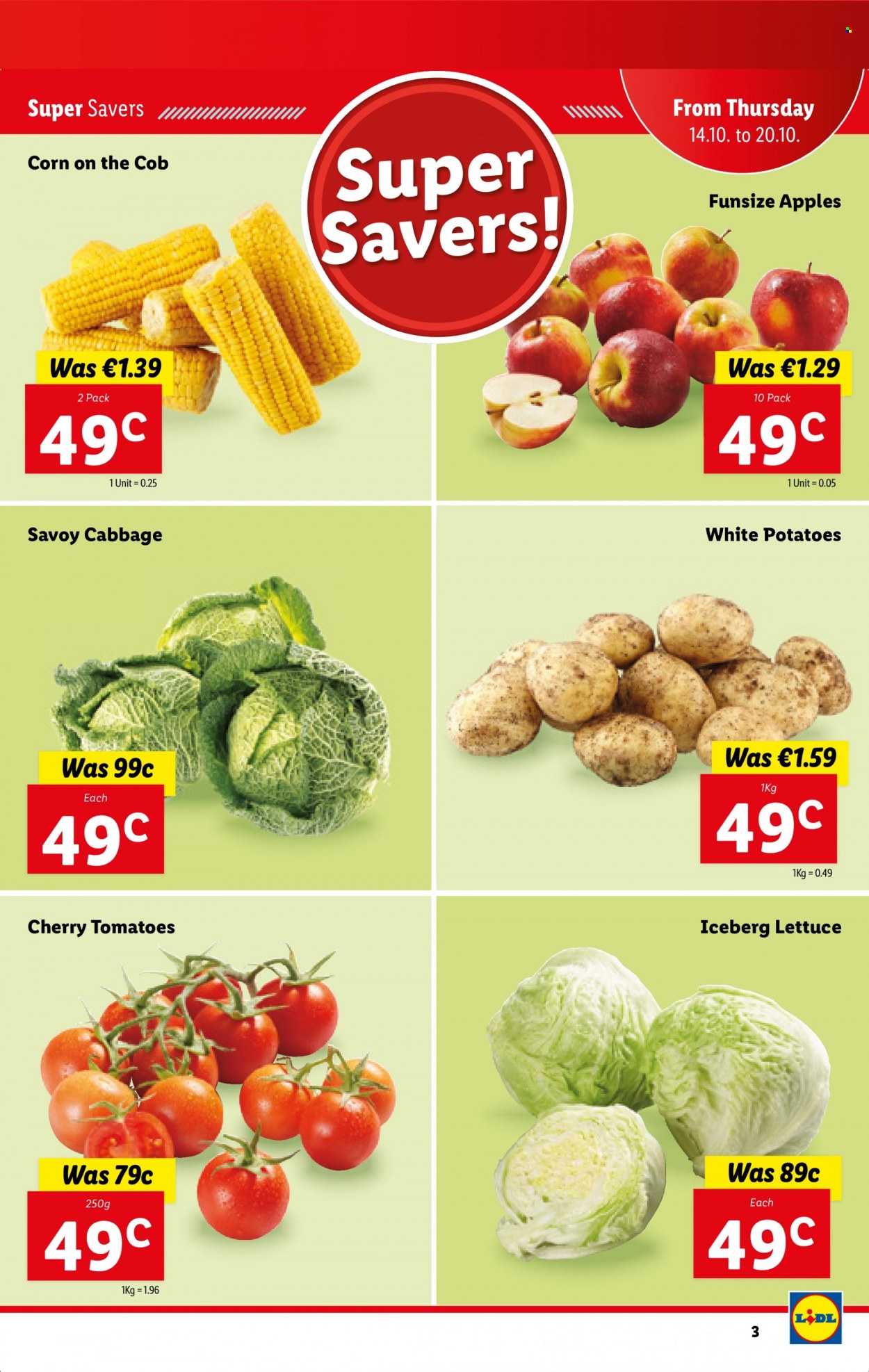 thumbnail - Lidl offer  - 14.10.2021 - 20.10.2021 - Sales products - cabbage, corn, tomatoes, potatoes, lettuce, cherries, apples. Page 3.