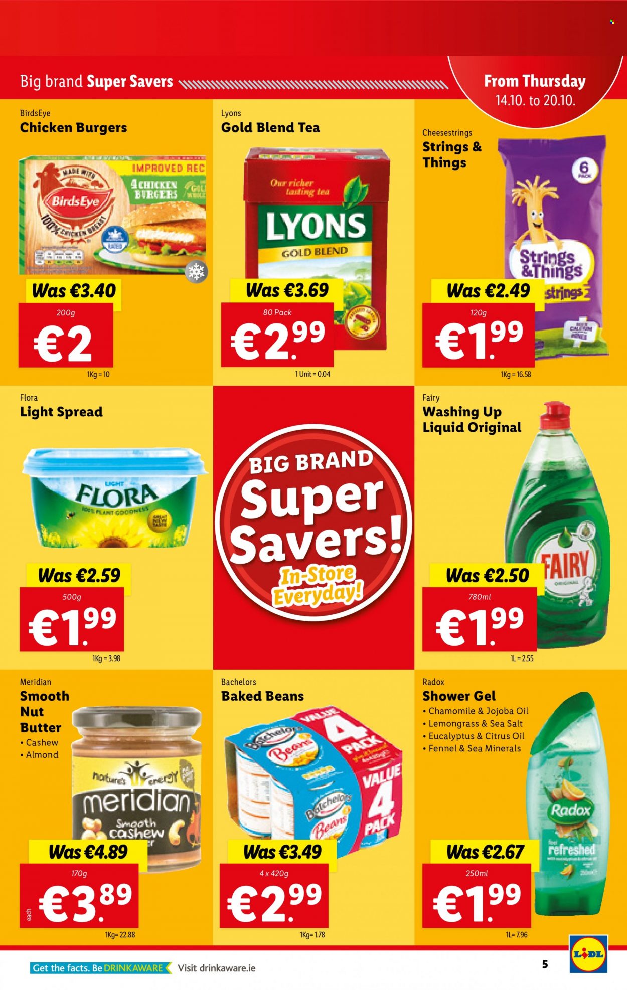 thumbnail - Lidl offer  - 14.10.2021 - 20.10.2021 - Sales products - beans, hamburger, Bird's Eye, butter, Flora, baked beans, fennel, oil, tea, Lyons, Fairy, dishwashing liquid, shower gel, Radox. Page 5.