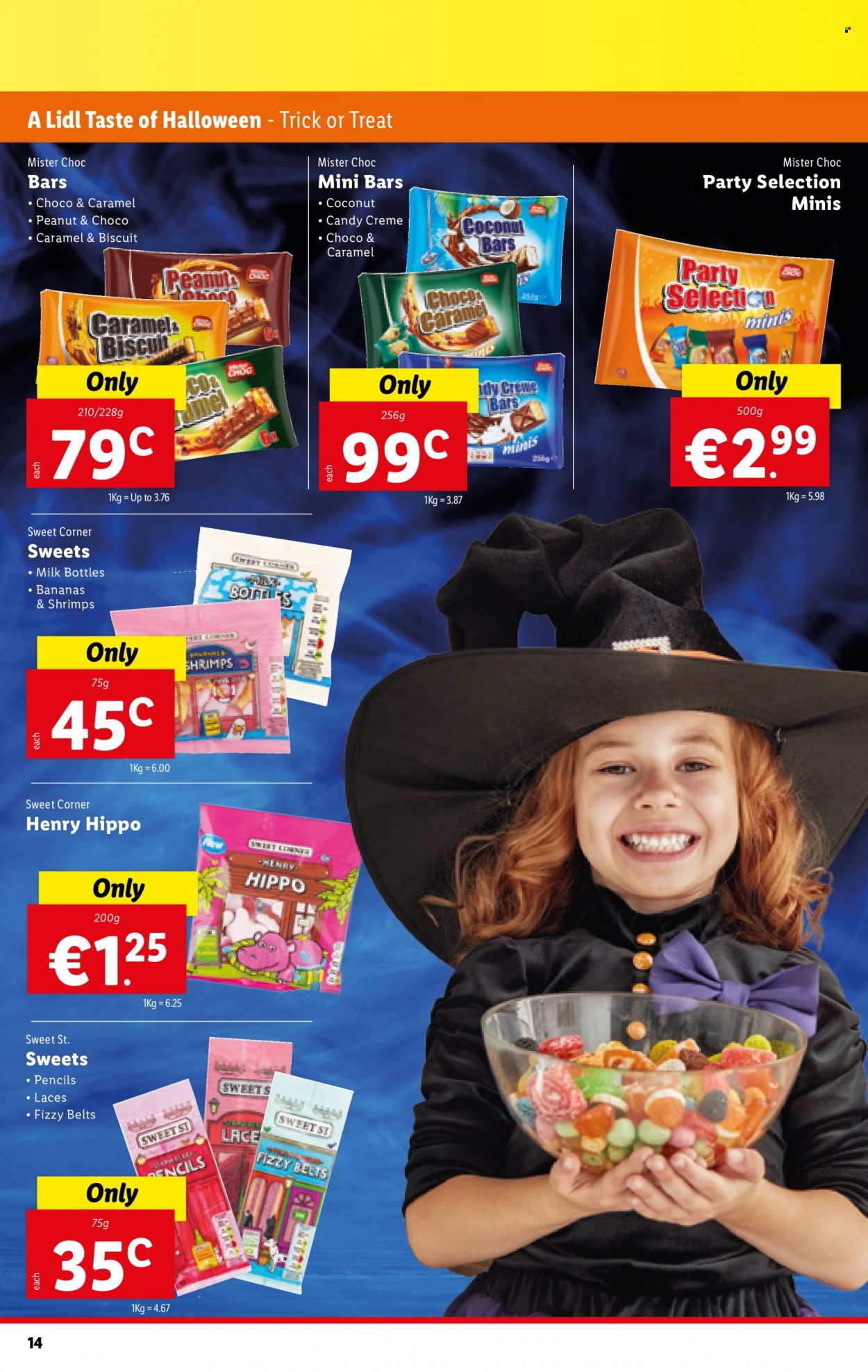 thumbnail - Lidl offer  - 14.10.2021 - 20.10.2021 - Sales products - Halloween, bananas, coconut, shrimps, milk, biscuit, caramel, pencil. Page 14.