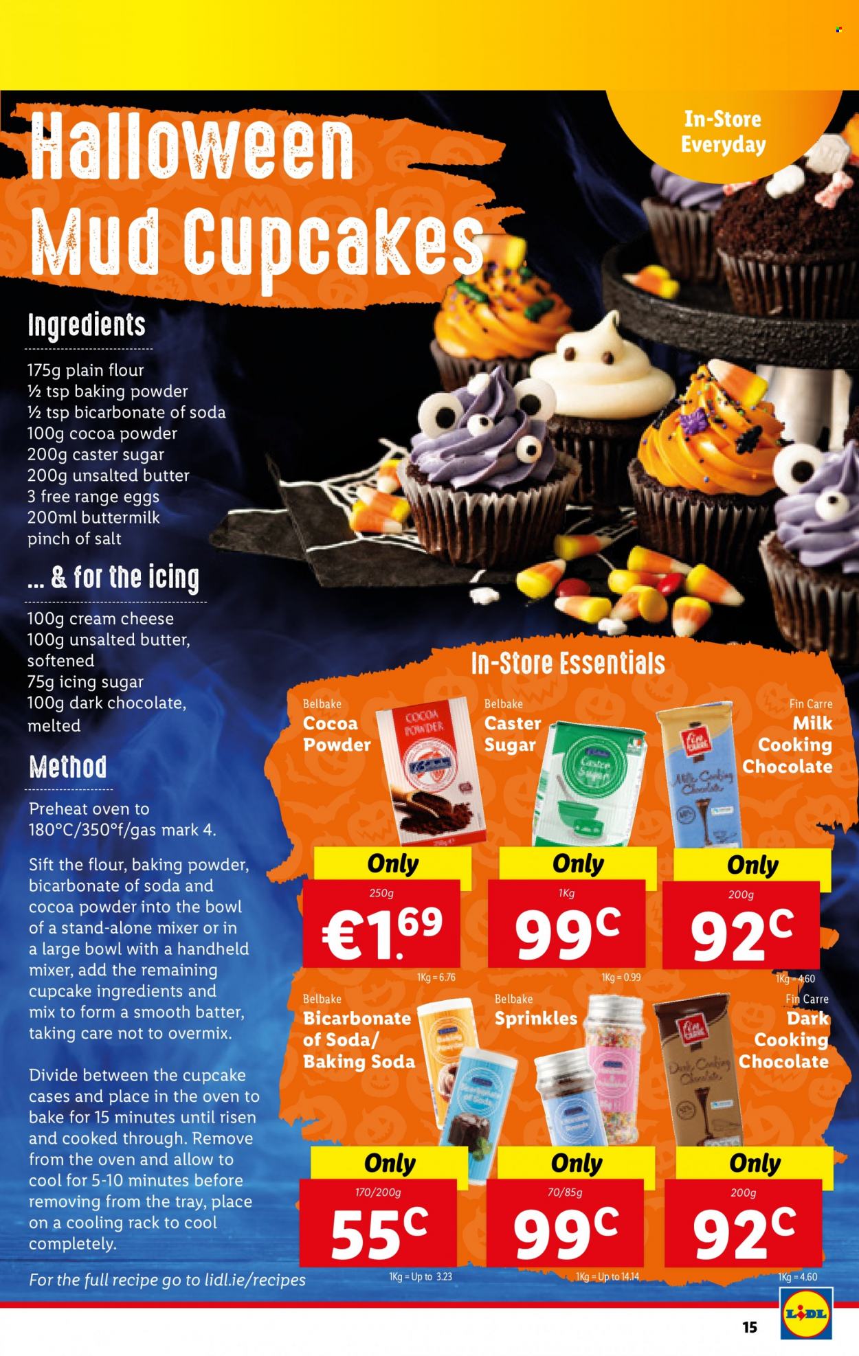 thumbnail - Lidl offer  - 14.10.2021 - 20.10.2021 - Sales products - Halloween, cream cheese, cheese, buttermilk, eggs, chocolate, dark chocolate, bicarbonate of soda, flour, sugar, icing sugar, caster sugar, mixer. Page 15.