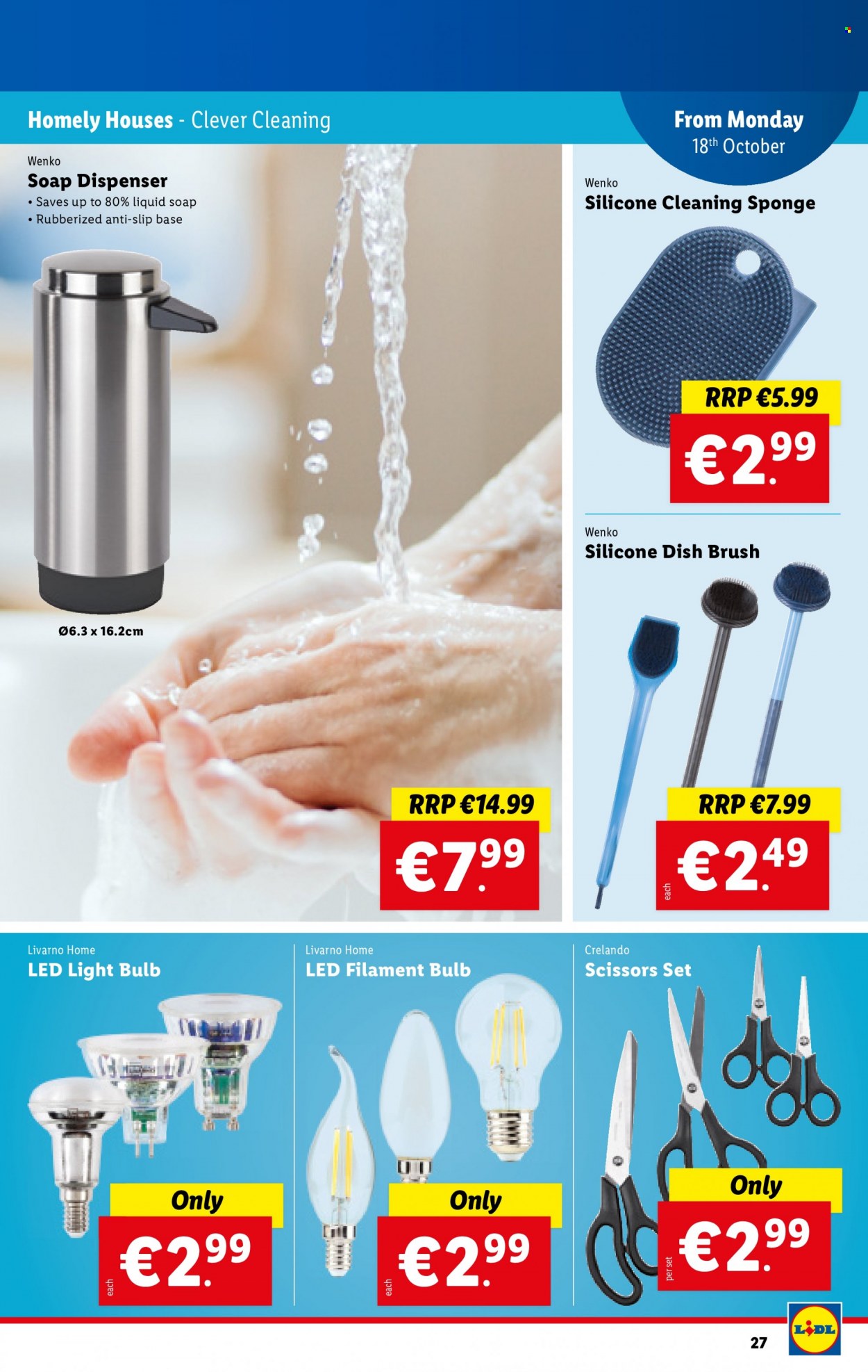 thumbnail - Lidl offer  - 14.10.2021 - 20.10.2021 - Sales products - brush, sponge, soap dispenser, dispenser, dish brush, scissors, bulb, LED bulb, light bulb, LED light. Page 27.