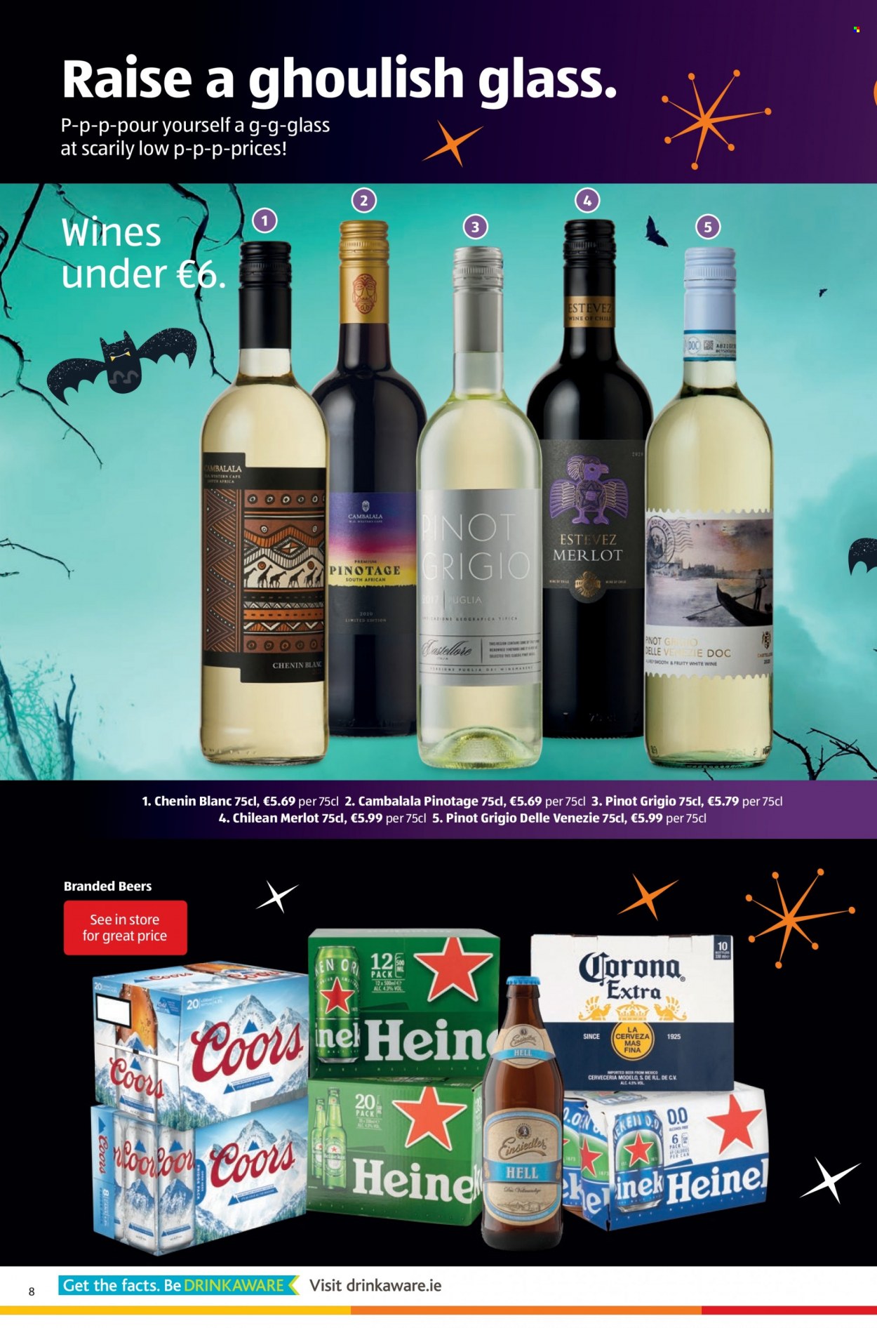 thumbnail - Aldi offer  - 14.10.2021 - 20.10.2021 - Sales products - red wine, white wine, wine, Merlot, Chenin Blanc, Pinot Grigio, beer, Corona Extra, Modelo, Coors. Page 8.