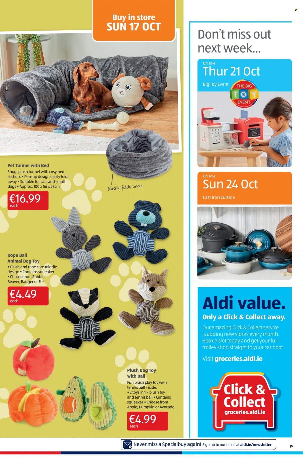 thumbnail - Aldi offer  - 14.10.2021 - 20.10.2021 - Sales products - pumpkin, rabbit, trolley, book, dog toy, squeaker, Snug, toys. Page 19.