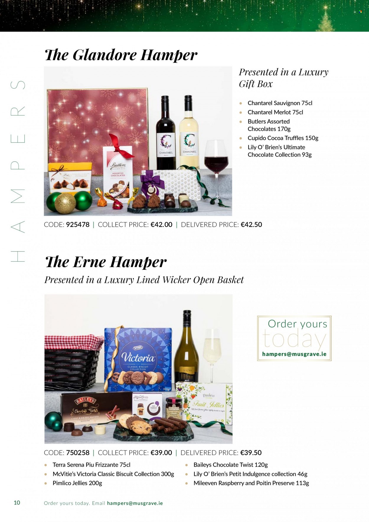 thumbnail - MUSGRAVE Market Place offer  - Sales products - hamper, chocolate, truffles, biscuit, Victoria Sponge, cocoa, red wine, wine, Merlot, Baileys, basket, gift box. Page 10.