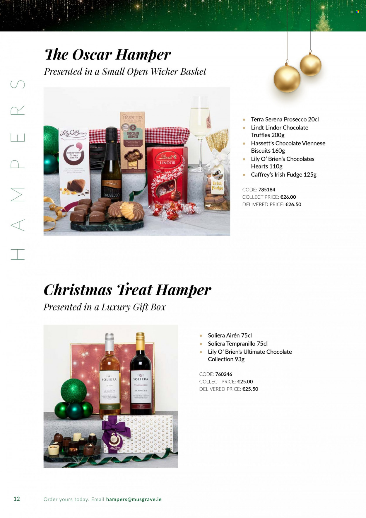 thumbnail - MUSGRAVE Market Place offer  - Sales products - hamper, milk, fudge, chocolate, Lindt, Lindor, truffles, biscuit, prosecco, Tempranillo, basket, gift box. Page 12.