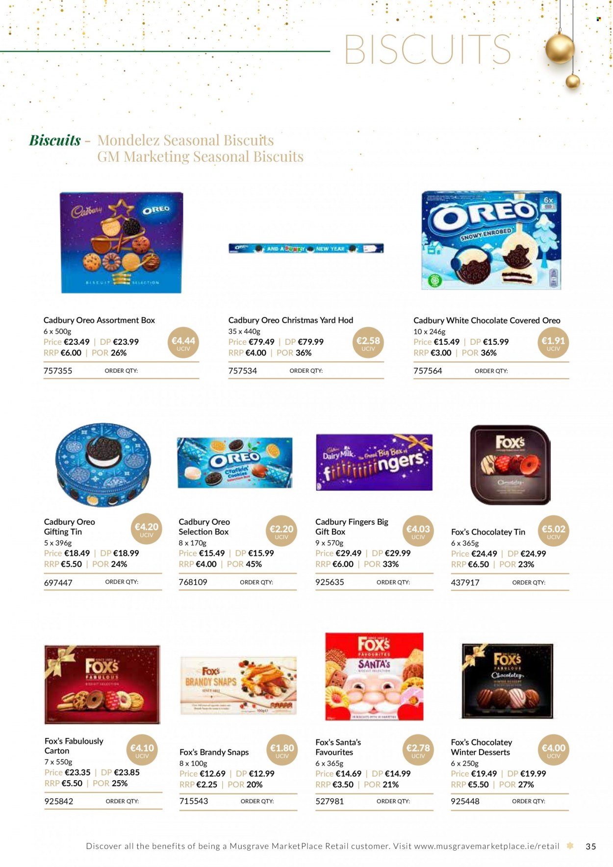 thumbnail - MUSGRAVE Market Place offer  - Sales products - brandy snaps, Oreo, white chocolate, biscuit, Santa, Cadbury, brandy, Yard, gift box. Page 35.