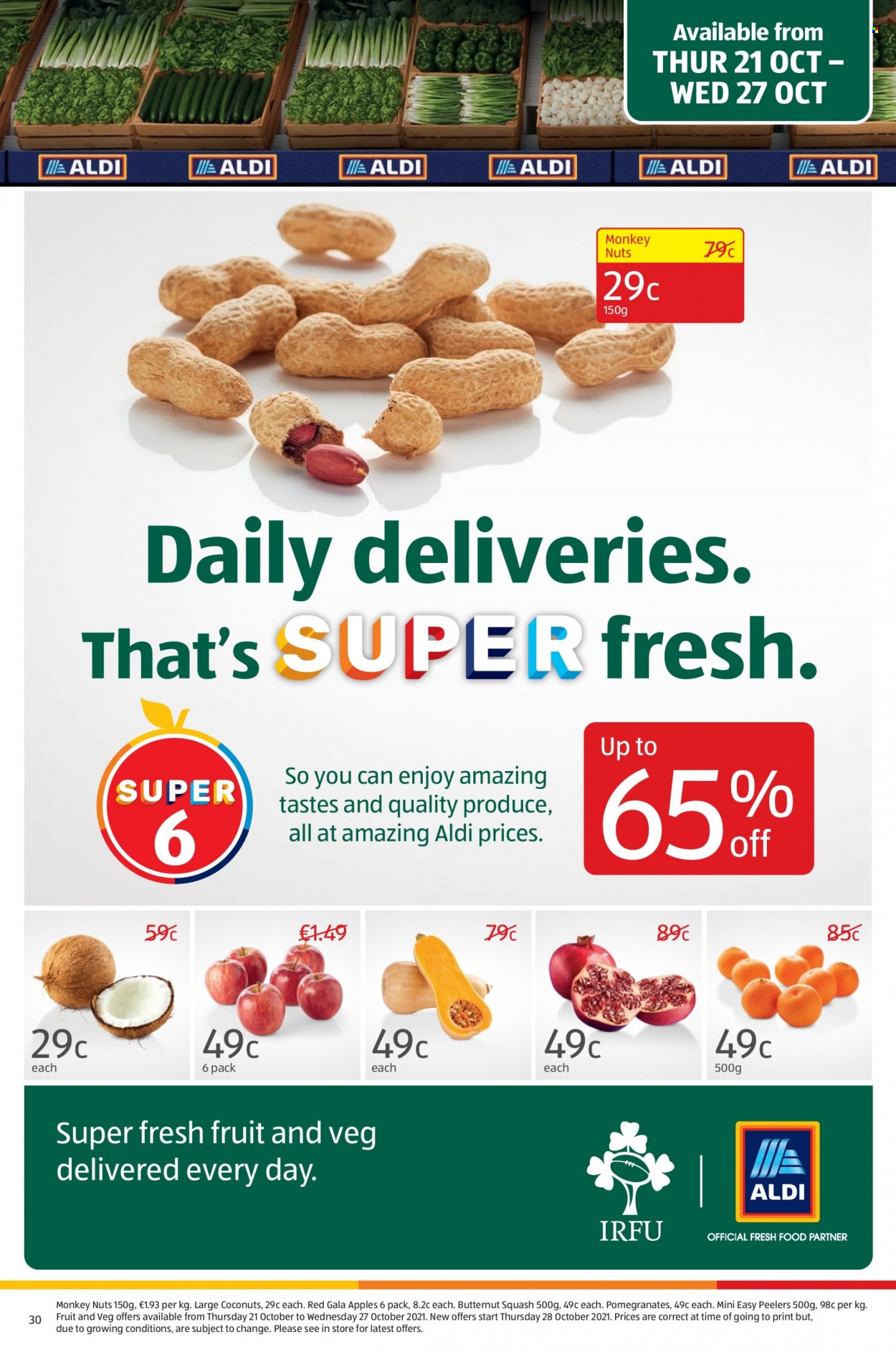 thumbnail - Aldi offer  - 21.10.2021 - 27.10.2021 - Sales products - butternut squash, Gala, coconut, apples, pomegranate, peanuts, monkey. Page 30.