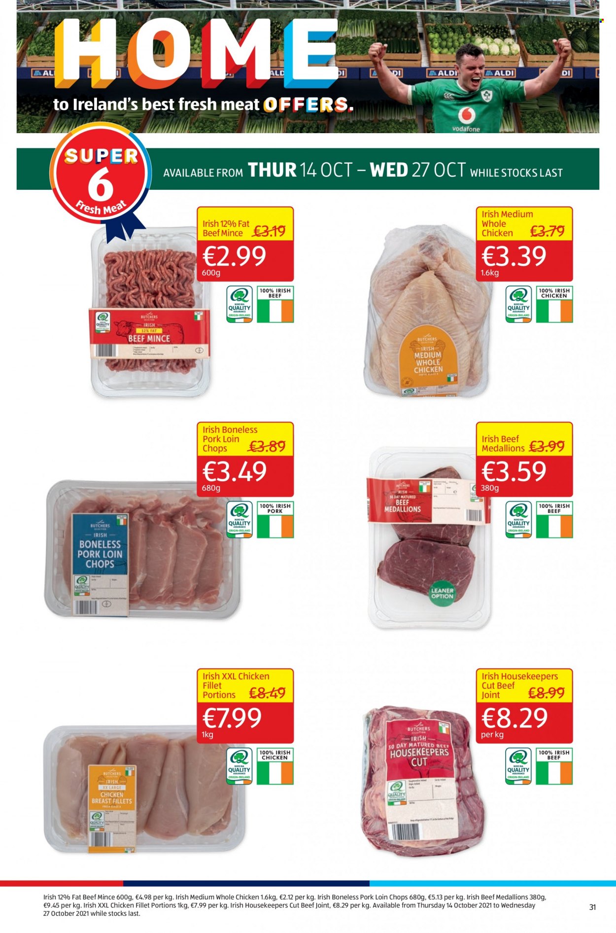 thumbnail - Aldi offer  - 21.10.2021 - 27.10.2021 - Sales products - whole chicken, chicken breasts, beef meat, ground beef, pork chops, pork loin, pork meat. Page 31.