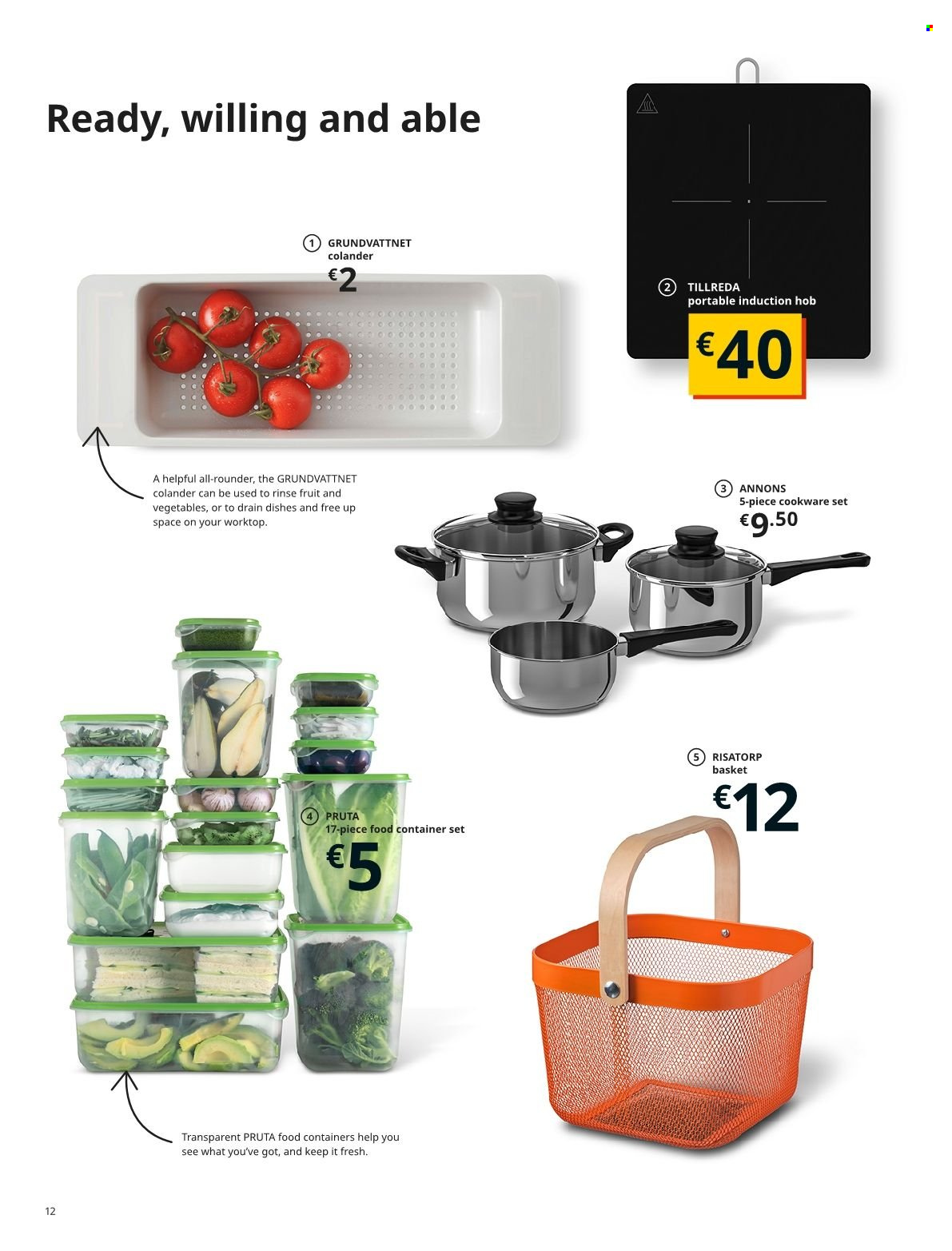 thumbnail - IKEA offer  - Sales products - container, colander, cookware set, storage container set, hob. Page 12.