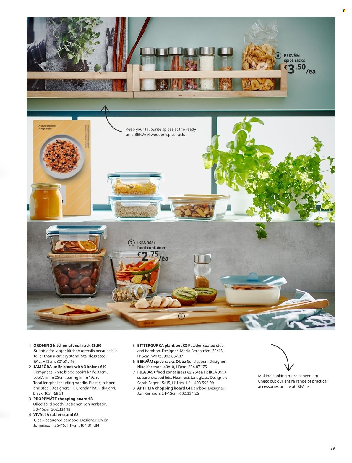 thumbnail - IKEA offer  - Sales products - knife, utensils, pot, chopping board, knife block, plant pot. Page 39.