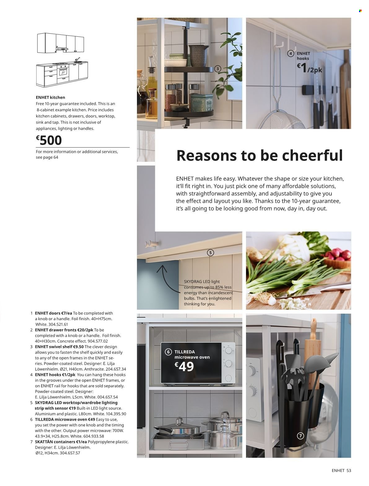 thumbnail - IKEA offer  - Sales products - cabinet, kitchen cabinet, drawer fronts, wardrobe, sink, bulb, oven, microwave, LED light. Page 53.