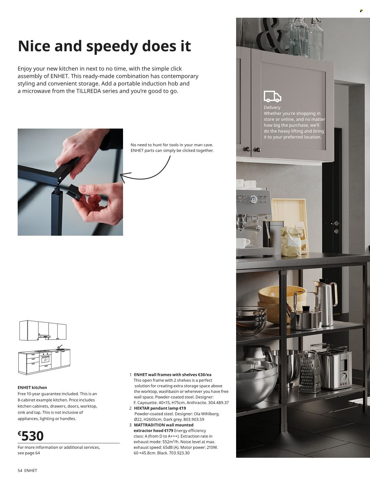 thumbnail - IKEA offer  - Sales products - cabinet, kitchen cabinet, shelves, sink, pet bed, microwave, hob, lamp, pendant lamp. Page 54.