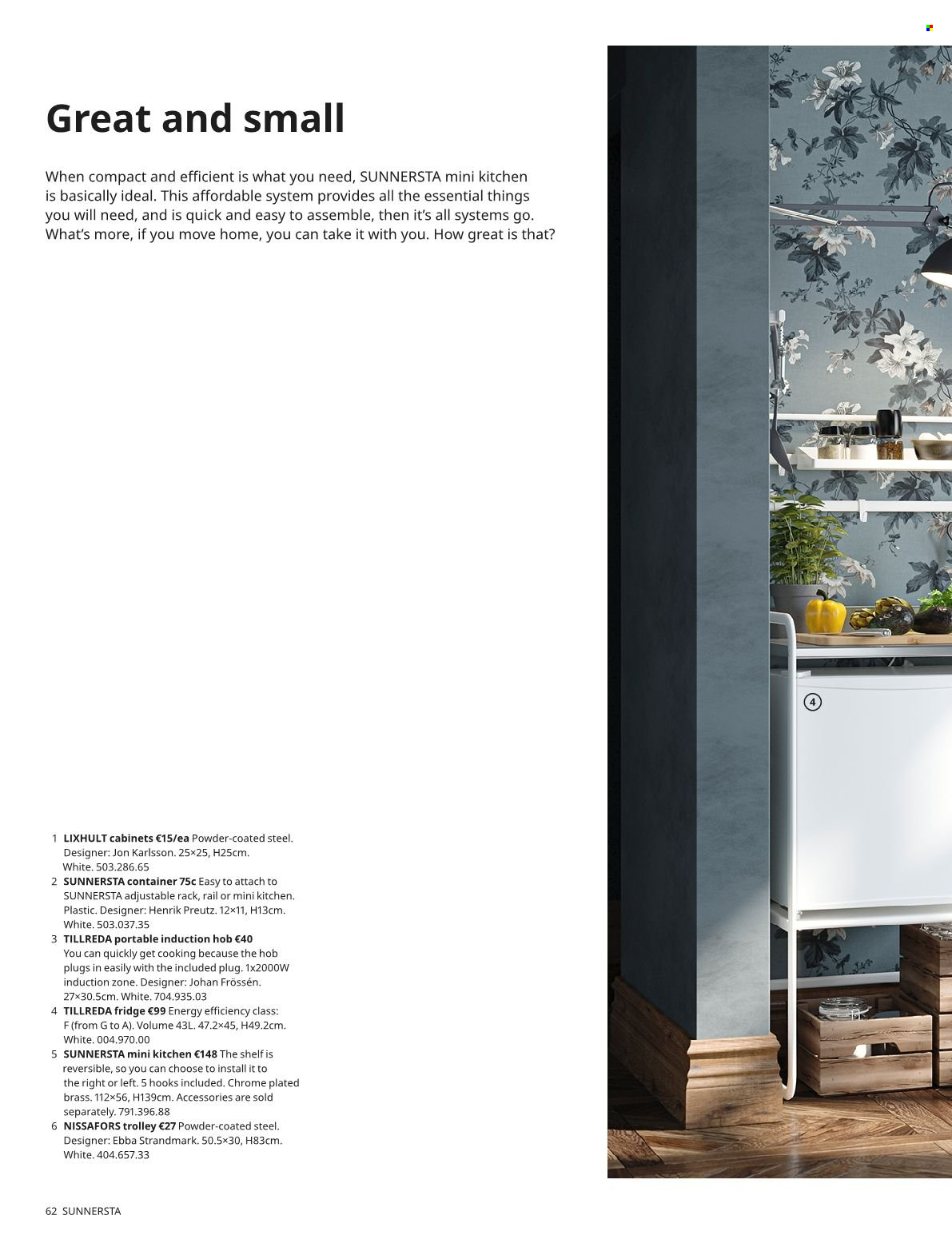 thumbnail - IKEA offer  - Sales products - trolley, container, refrigerator, fridge, hob, mini-kitchen. Page 62.