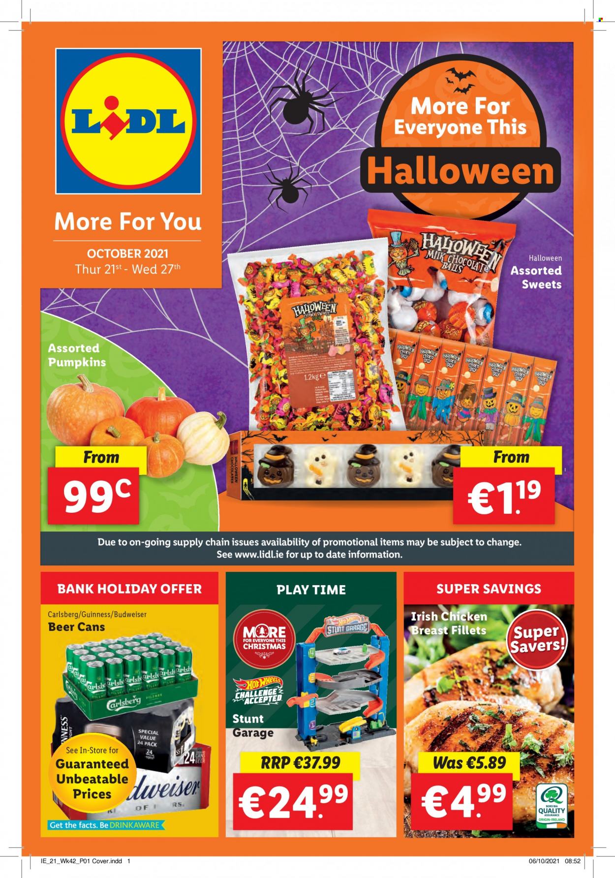 thumbnail - Lidl offer  - 21.10.2021 - 27.10.2021 - Sales products - Halloween, pumpkin, chocolate, beer, Carlsberg, Guinness, chicken breasts, Budweiser. Page 1.
