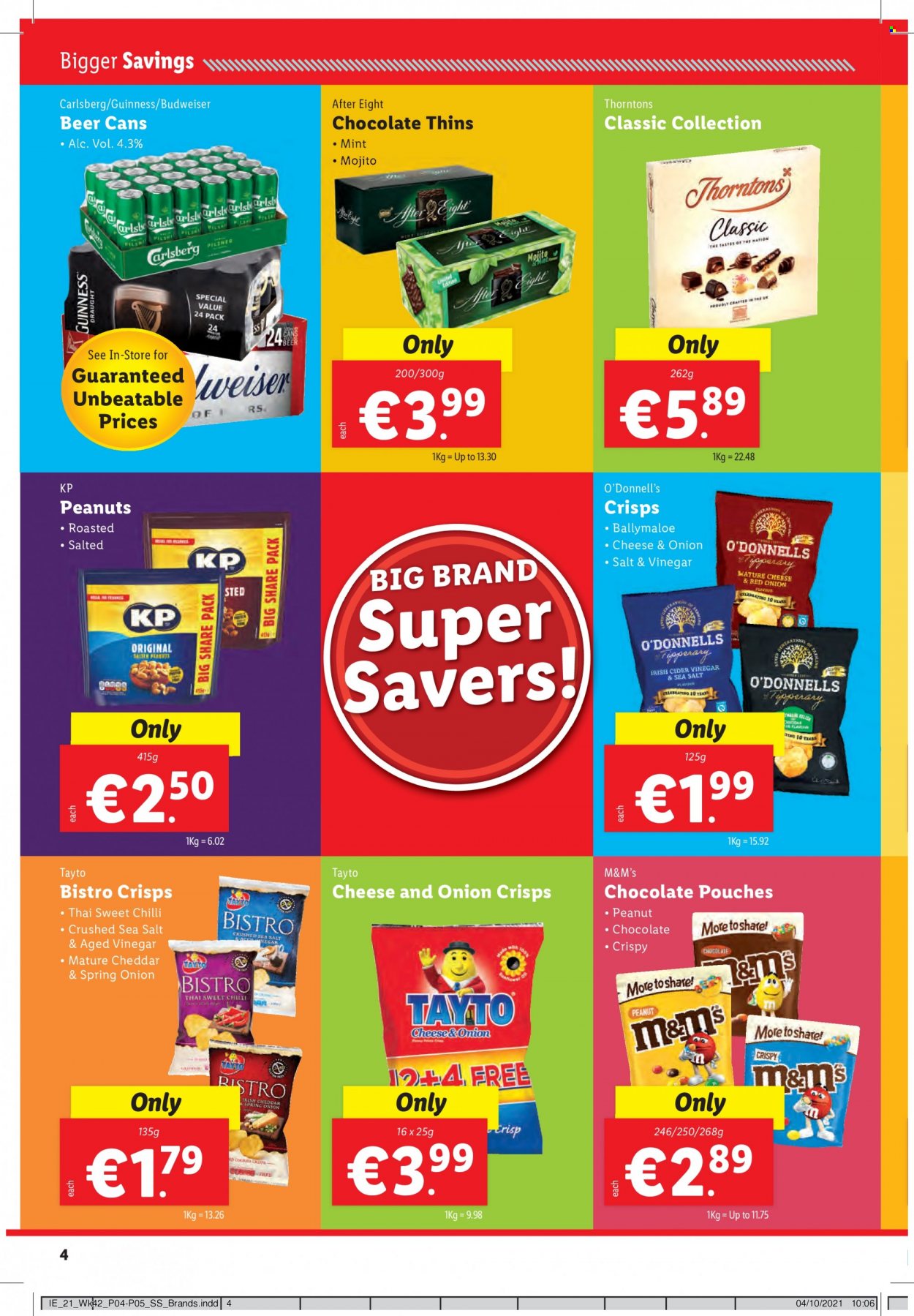thumbnail - Lidl offer  - 21.10.2021 - 27.10.2021 - Sales products - green onion, cheddar, chocolate, M&M's, After Eight, Thins, Tayto, apple cider vinegar, peanuts, wine, cider, beer, Carlsberg, Guinness, Budweiser. Page 4.