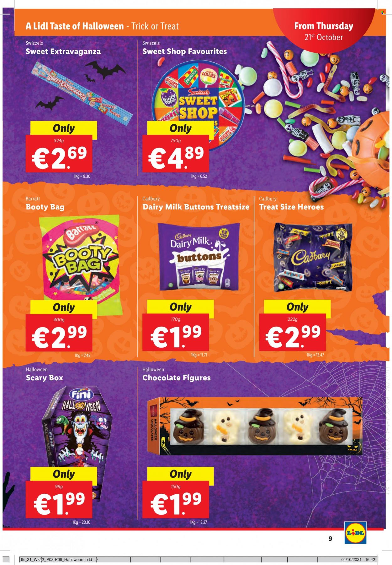 thumbnail - Lidl offer  - 21.10.2021 - 27.10.2021 - Sales products - Halloween, chocolate, Cadbury, Dairy Milk, Swizzels. Page 9.