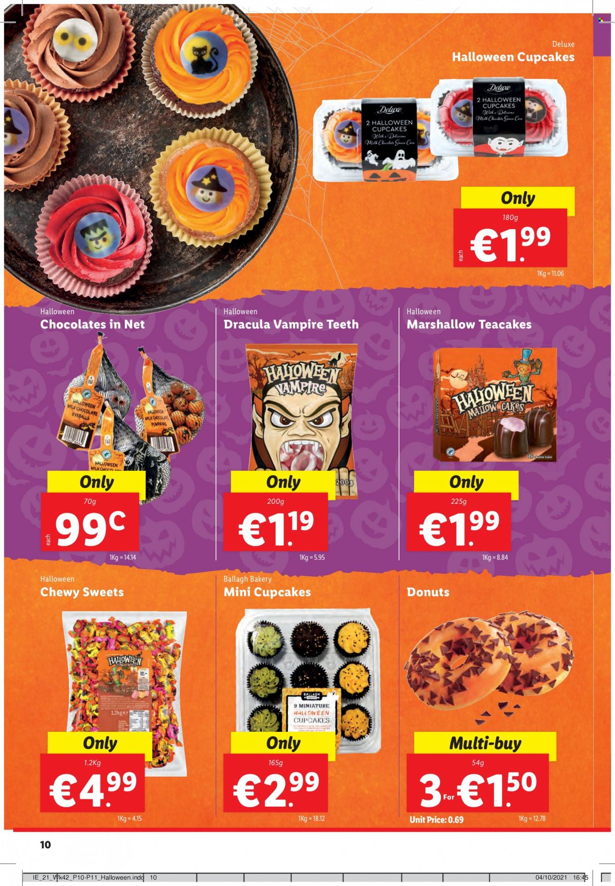 thumbnail - Lidl offer  - 21.10.2021 - 27.10.2021 - Sales products - Halloween, cake, cupcake, donut, pumpkin, milk chocolate, chocolate, chewing gum. Page 10.