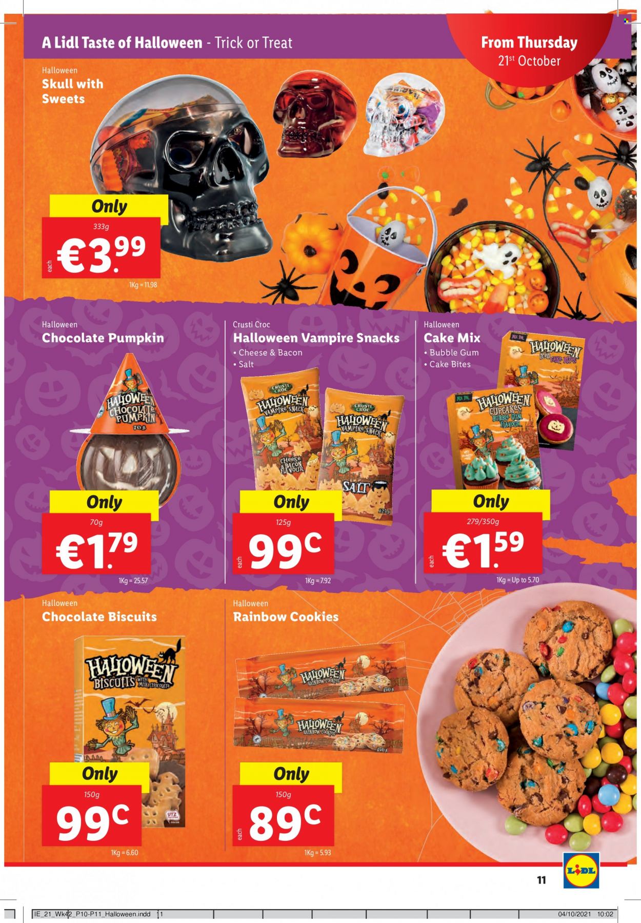 thumbnail - Lidl offer  - 21.10.2021 - 27.10.2021 - Sales products - Halloween, cupcake, cake mix, pumpkin, bacon, cookies, chocolate, snack, bubblegum, biscuit, cocoa, salt, gun. Page 11.