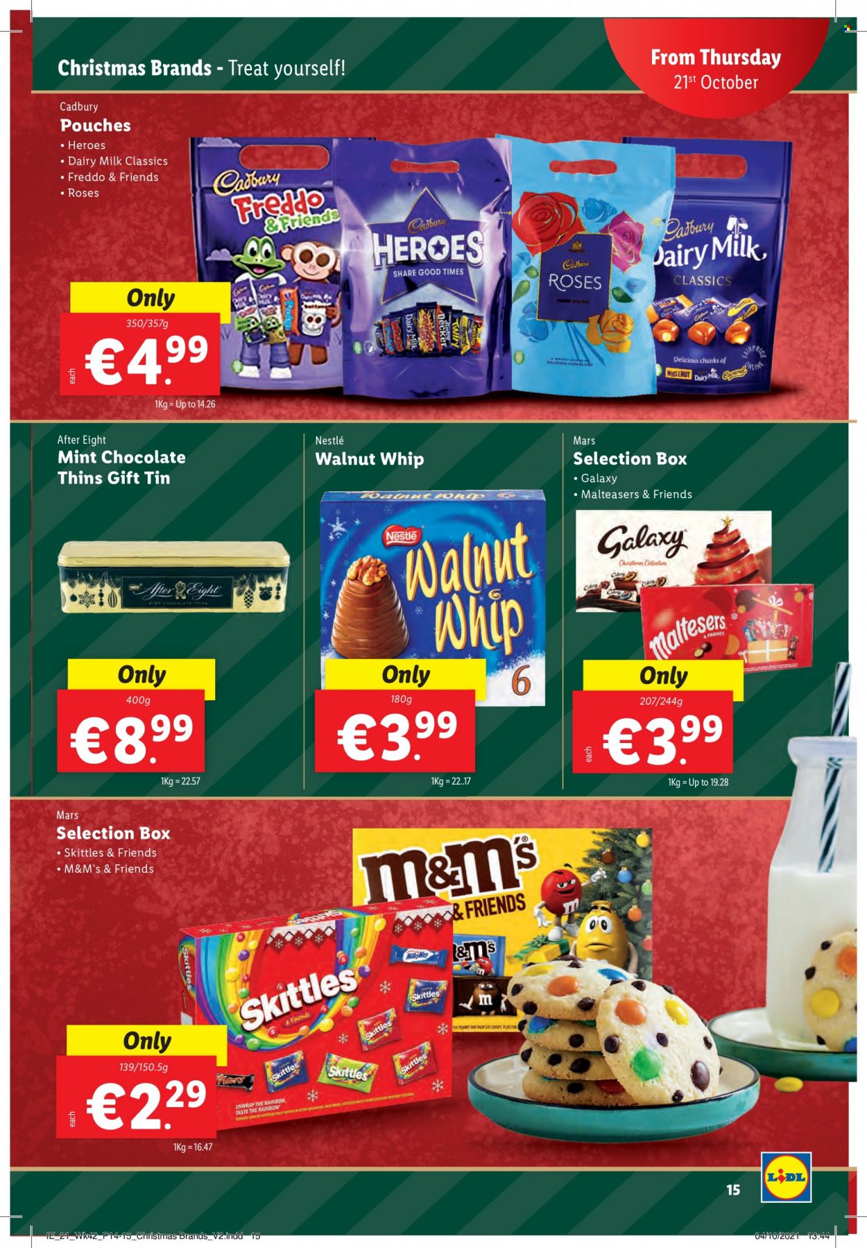 thumbnail - Lidl offer  - 21.10.2021 - 27.10.2021 - Sales products - Nestlé, chocolate, Mars, M&M's, After Eight, Cadbury, Dairy Milk, Skittles, Thins, rose. Page 15.