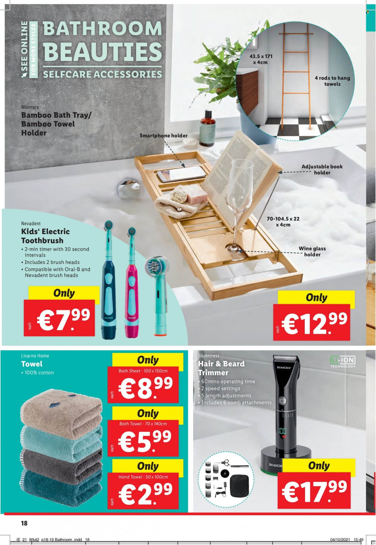 thumbnail - Lidl offer  - 21.10.2021 - 27.10.2021 - Sales products - Miomare, SilverCrest, toothbrush, Oral-B, comb, trimmer, holder, wine glass, book, bath towel, towel, hand towel, smartphone, electric toothbrush. Page 18.