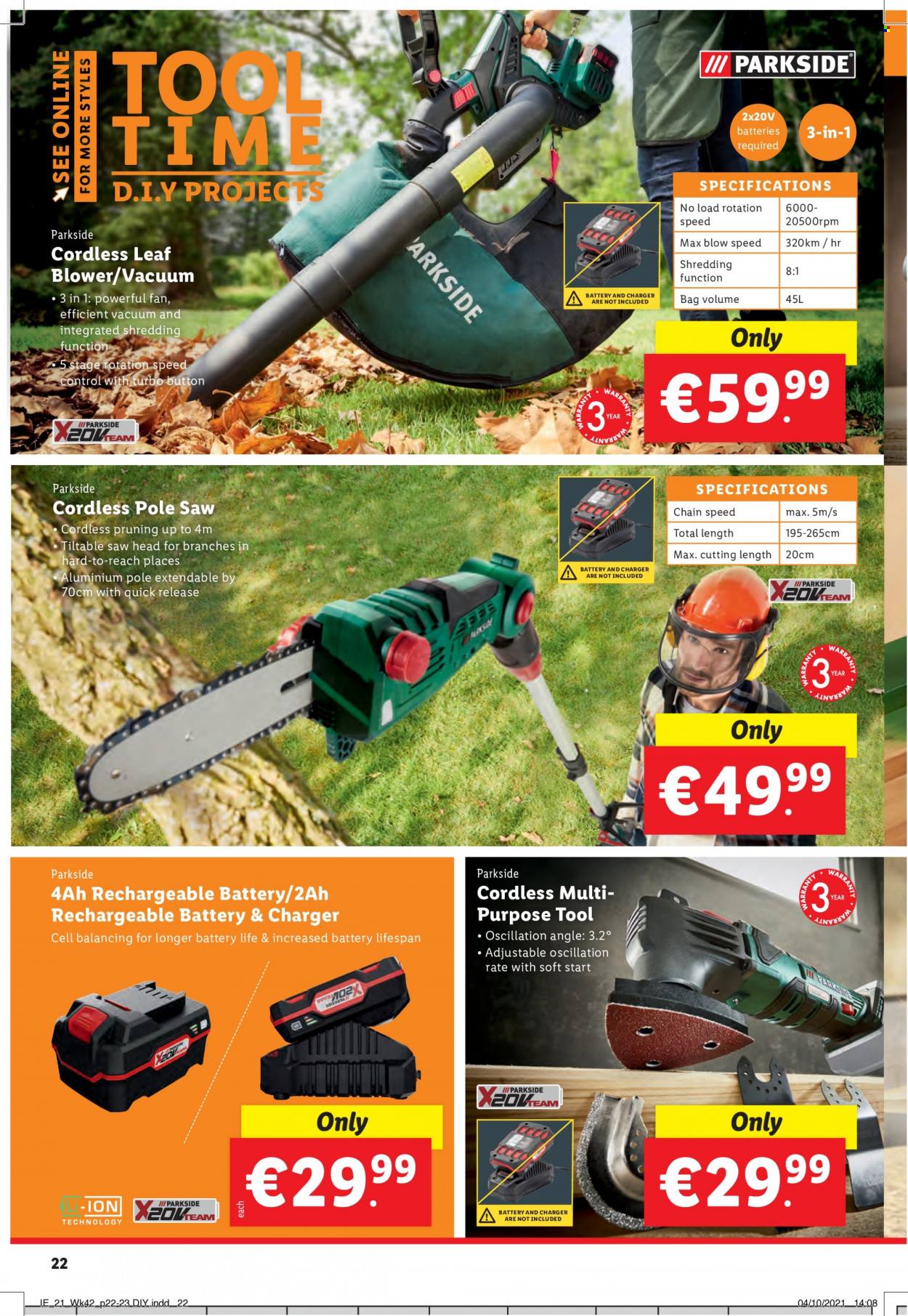 thumbnail - Lidl offer  - 21.10.2021 - 27.10.2021 - Sales products - rechargeable battery, leaf blower, Parkside, saw, blower. Page 22.