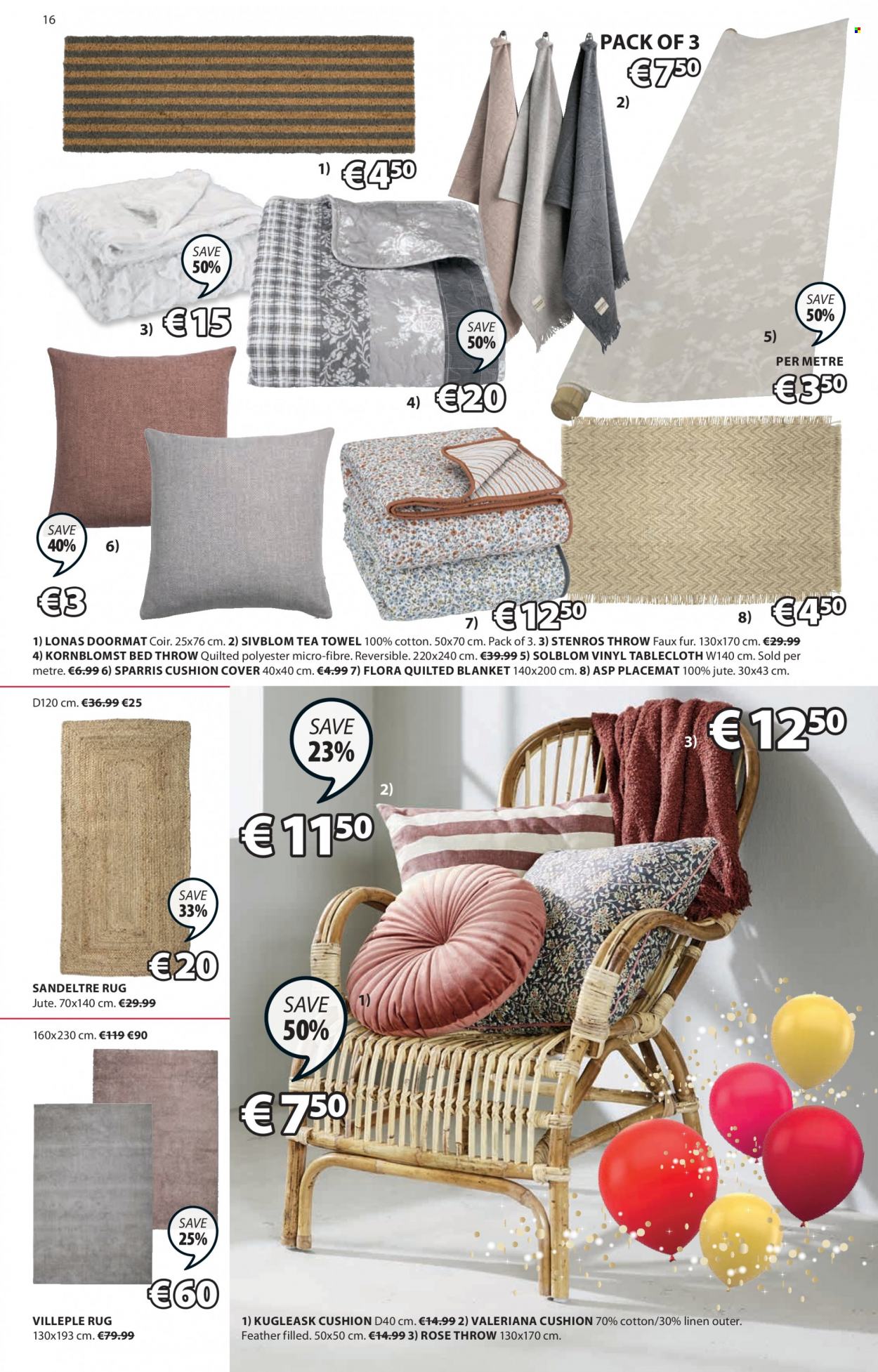 thumbnail - JYSK offer  - 21.10.2021 - 03.11.2021 - Sales products - cushion, placemat, tablecloth, tea towels, blanket, linens, door mat, rug. Page 16.