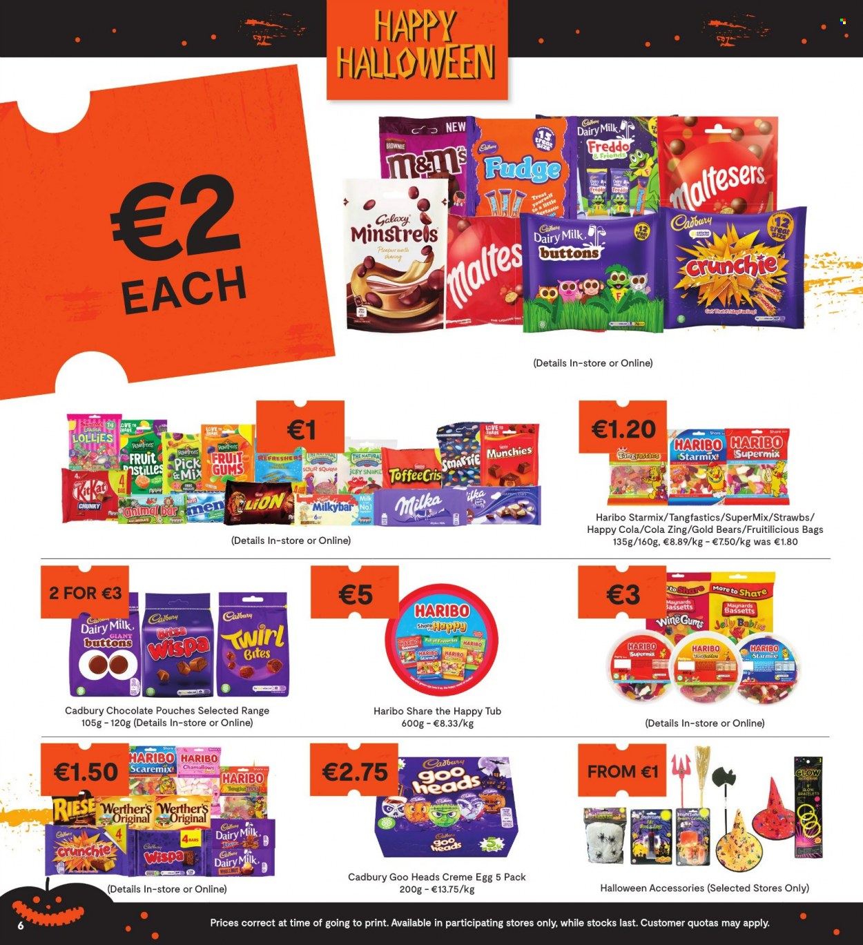 thumbnail - SuperValu offer  - 21.10.2021 - 03.11.2021 - Sales products - brownies, fudge, chocolate, Haribo, Cadbury, Milkybar, pastilles, Dairy Milk. Page 6.