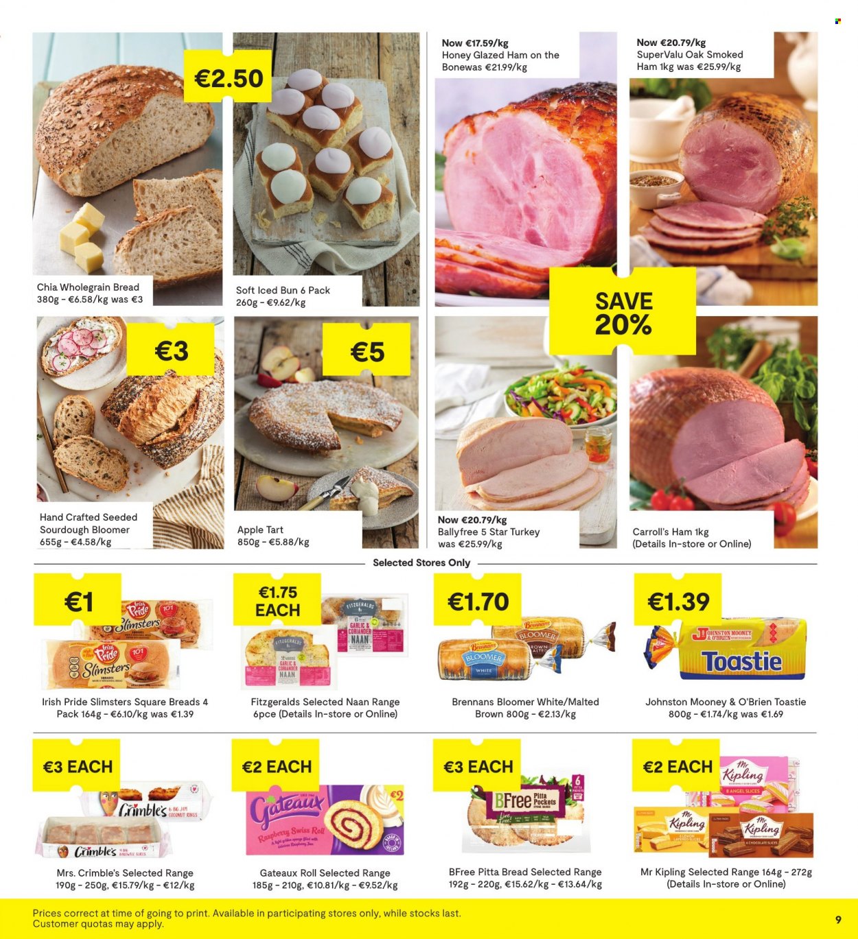 thumbnail - SuperValu offer  - 21.10.2021 - 03.11.2021 - Sales products - bread, tart, sourdough bread, ham, smoked ham, chocolate, coriander, fruit jam. Page 9.