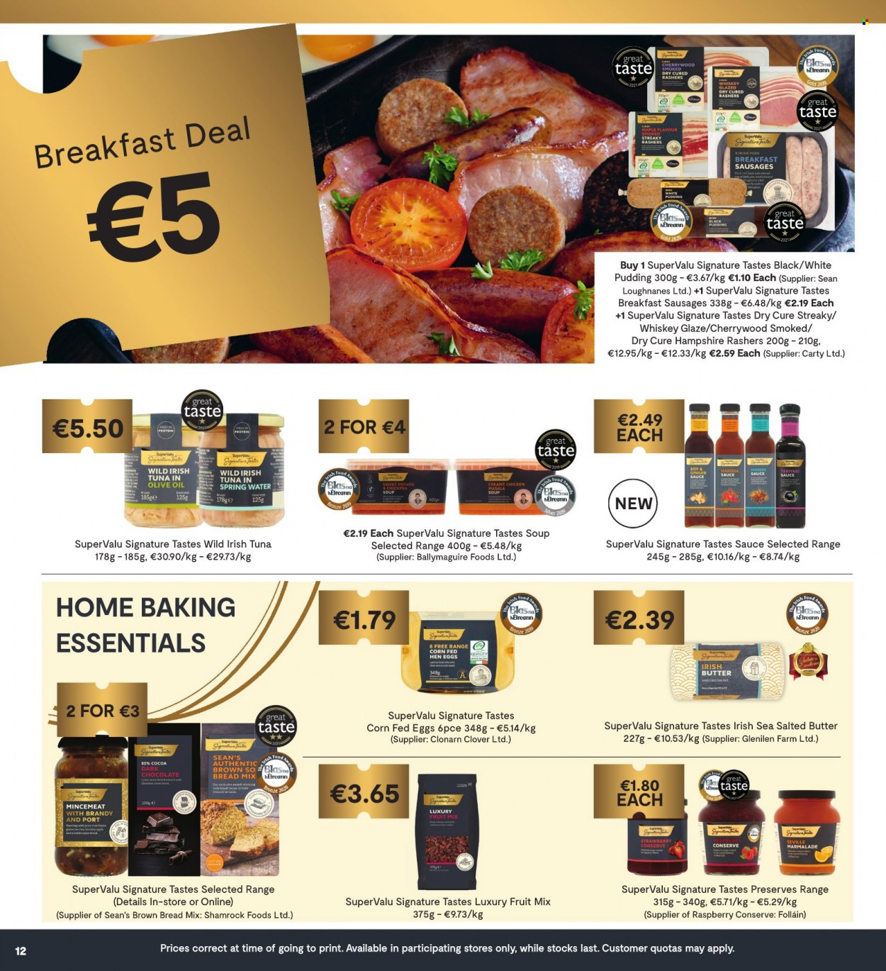 thumbnail - SuperValu offer  - 21.10.2021 - 03.11.2021 - Sales products - bread, brown bread, sweet potato, tuna, soup, sauce, sausage, pudding, Clover, eggs, irish butter, salted butter, chocolate, fruit mix, dark chocolate, cocoa, spring water, brandy. Page 12.