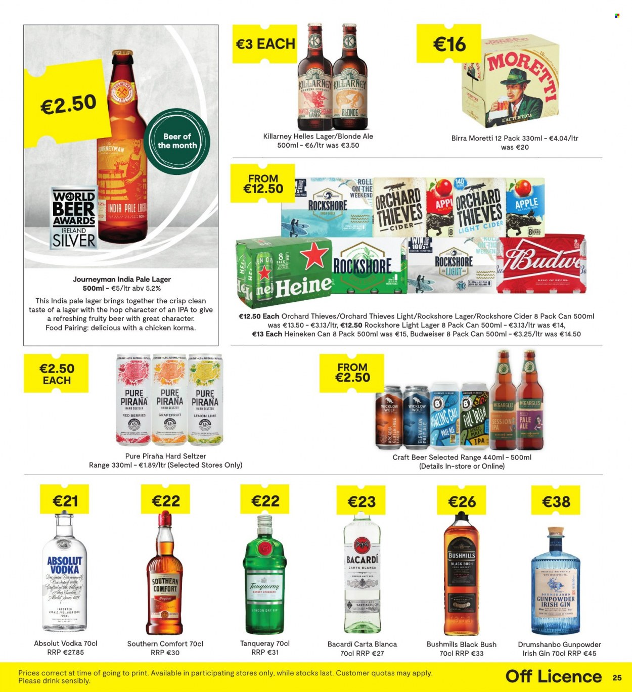 thumbnail - SuperValu offer  - 21.10.2021 - 03.11.2021 - Sales products - grapefruits, wine, alcohol, Bacardi, gin, vodka, whiskey, irish whiskey, Absolut, Pure Piraña, Hard Seltzer, whisky, cider, beer, Heineken, Lager, IPA, Rockshore, E45, roll-on, Budweiser. Page 25.