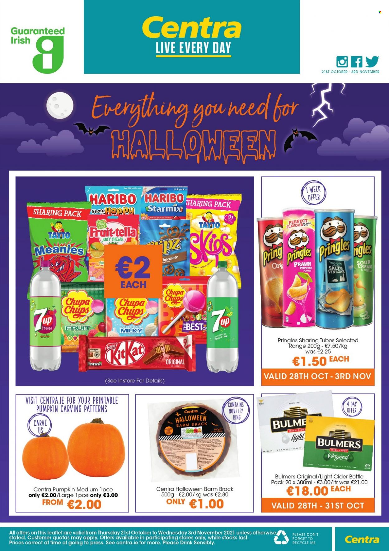 thumbnail - Centra offer  - 21.10.2021 - 03.11.2021 - Sales products - pumpkin, prawns, Haribo, chewing gum, lollipop, Pringles, Tayto, vinegar, 7UP, cider, Bulmers. Page 4.