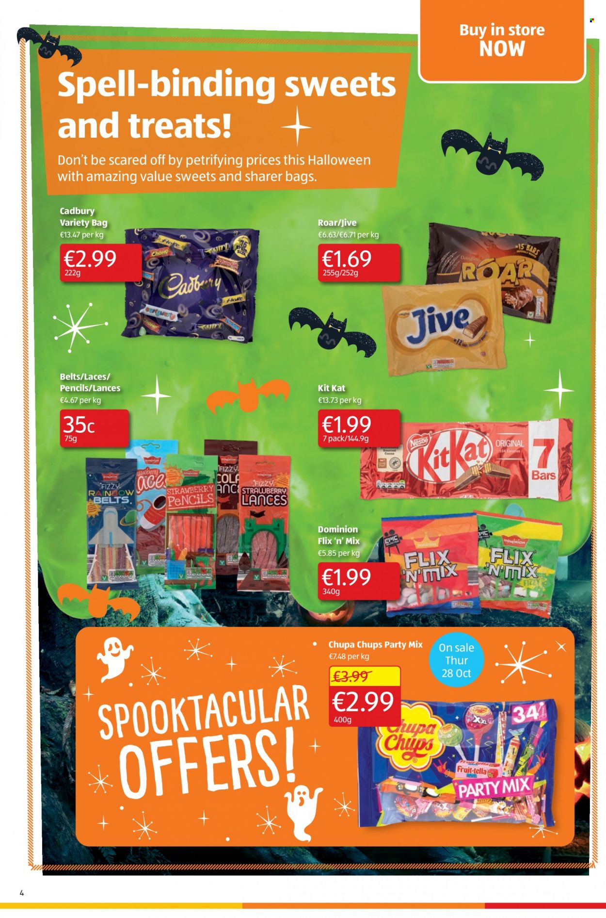 thumbnail - Aldi offer  - 28.10.2021 - 03.11.2021 - Sales products - Ace, Nestlé, KitKat, Cadbury, pencil, Halloween. Page 4.