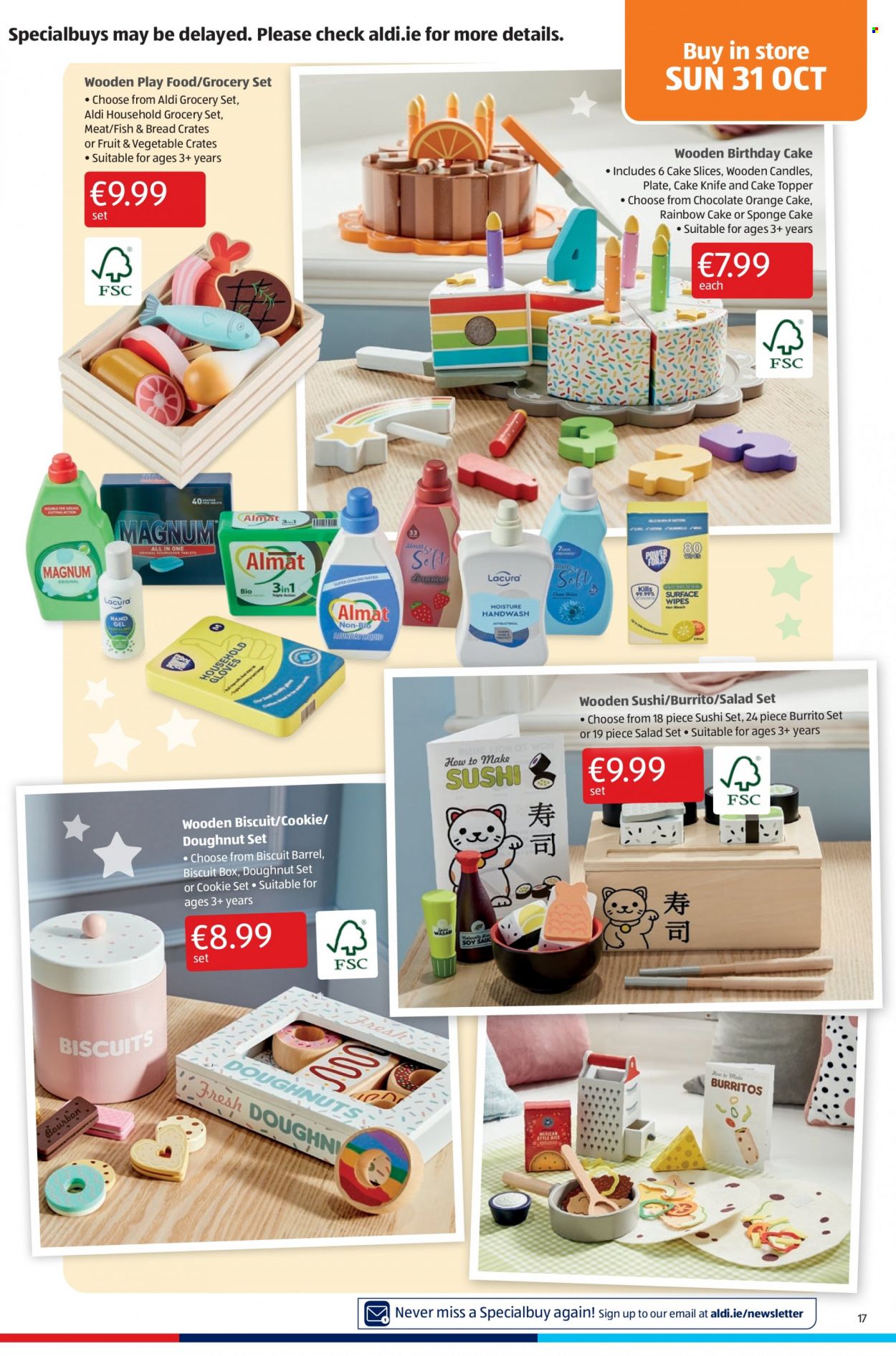 thumbnail - Aldi offer  - 28.10.2021 - 03.11.2021 - Sales products - bread, cake, sponge cake, donut, salad, fish, burrito, chocolate, biscuit, knife, plate, candle, topper. Page 17.