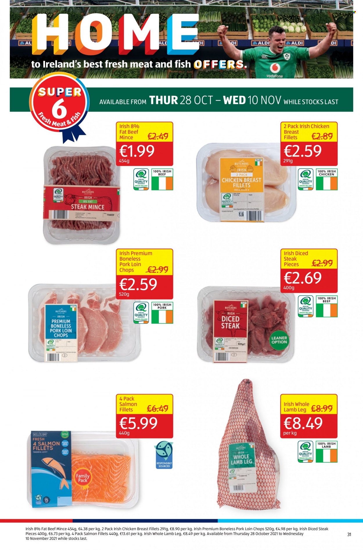 thumbnail - Aldi offer  - 28.10.2021 - 03.11.2021 - Sales products - salmon, salmon fillet, chicken breasts, beef meat, ground beef, steak, pork chops, pork loin, pork meat, lamb meat, whole lamb, lamb leg. Page 31.