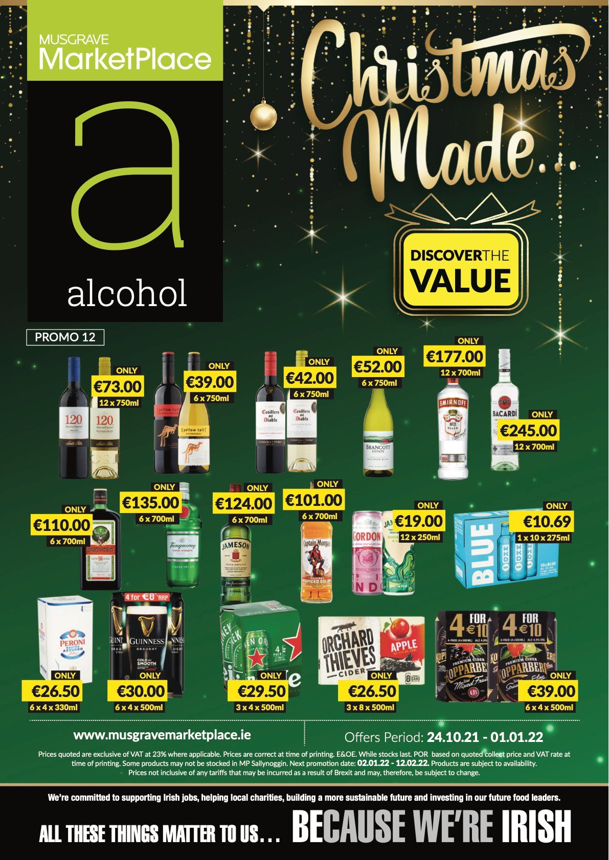 thumbnail - MUSGRAVE Market Place offer  - 24.10.2021 - 01.01.2022 - Sales products - alcohol, Bacardi, Smirnoff, Jameson, cider, Guinness, Peroni. Page 1.