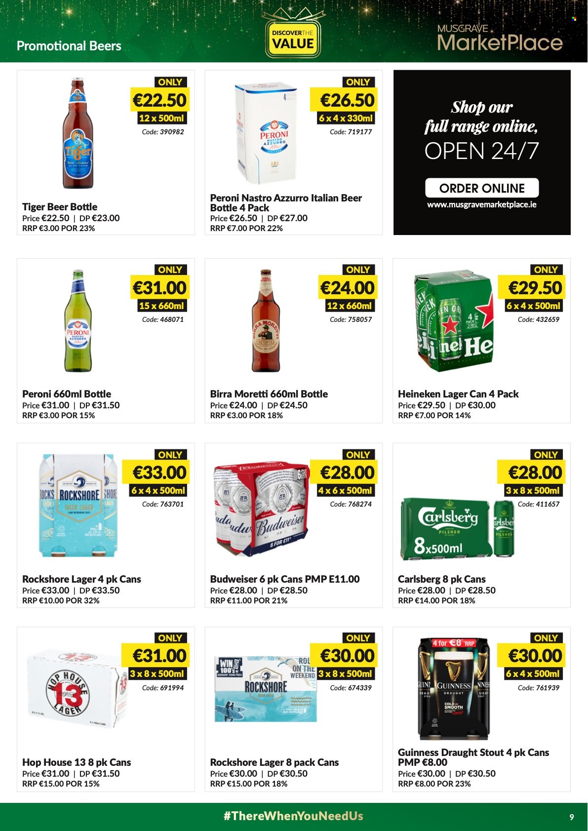 thumbnail - MUSGRAVE Market Place offer  - 24.10.2021 - 01.01.2022 - Sales products - beer, Heineken, Carlsberg, Guinness, Peroni, Lager, Rockshore, Budweiser. Page 9.