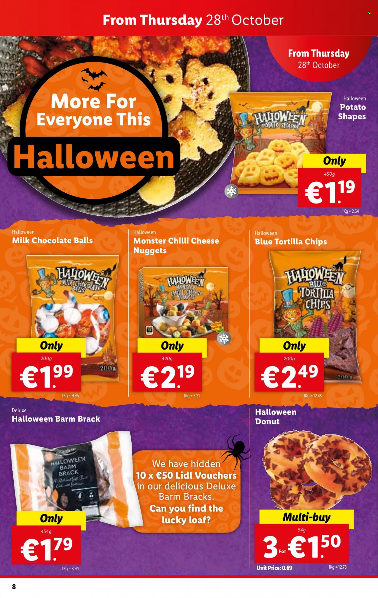 thumbnail - Lidl offer  - 28.10.2021 - 03.11.2021 - Sales products - Halloween, donut, nuggets, cheese nuggets, cheese, milk chocolate, chocolate, tortilla chips, chips, Monster. Page 8.