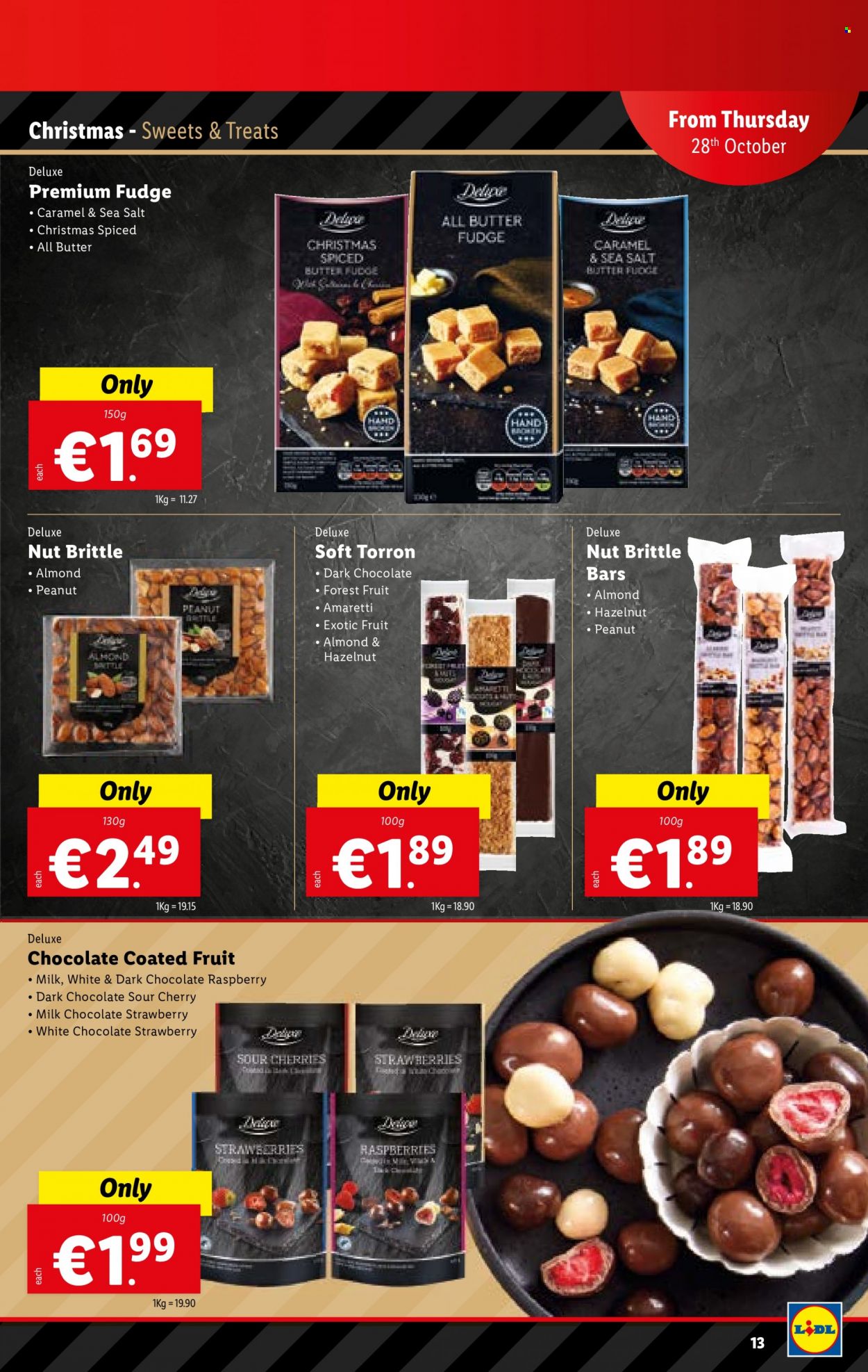 thumbnail - Lidl offer  - 28.10.2021 - 03.11.2021 - Sales products - strawberries, cherries, Amaretti, fudge, milk chocolate, white chocolate, dark chocolate, chocolate bar, caramel. Page 13.