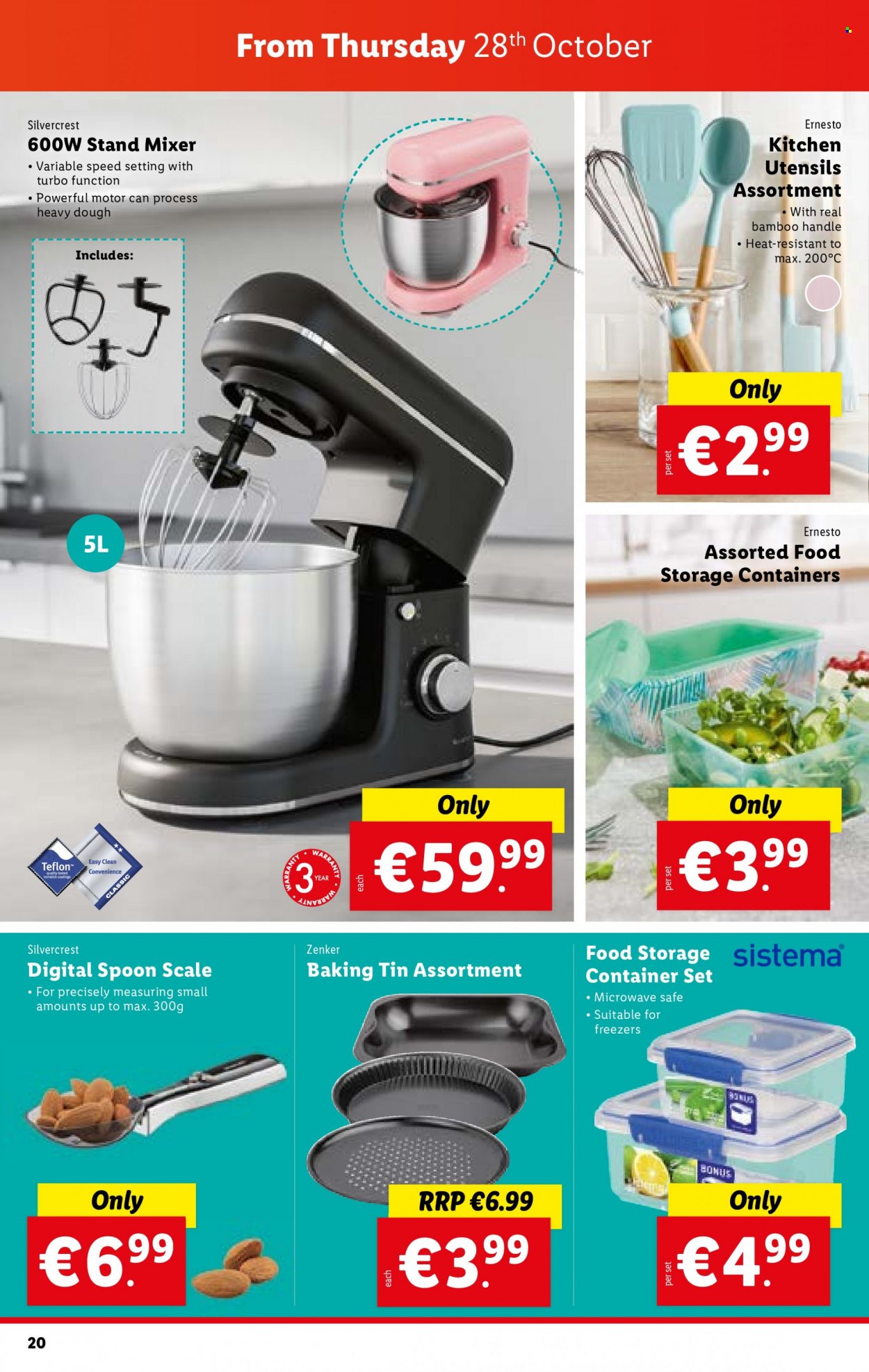 thumbnail - Lidl offer  - 28.10.2021 - 03.11.2021 - Sales products - container, scale, SilverCrest, Ernesto, spoon, utensils, storage container set, mixer, stand mixer. Page 20.